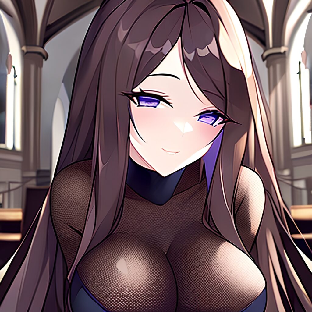 messy hair long hair brunette woman church fishnet 