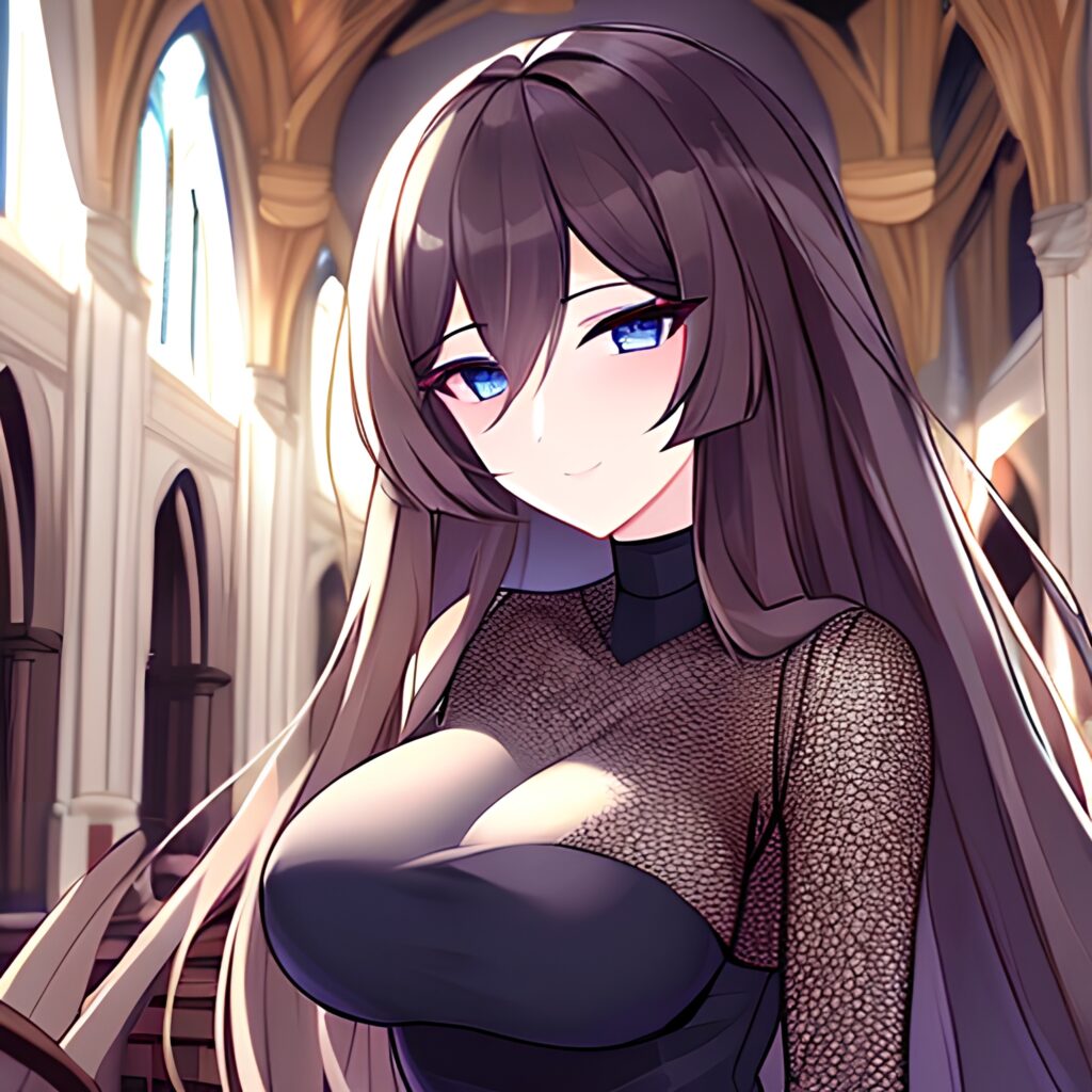 messy hair long hair brunette woman church fishnet 