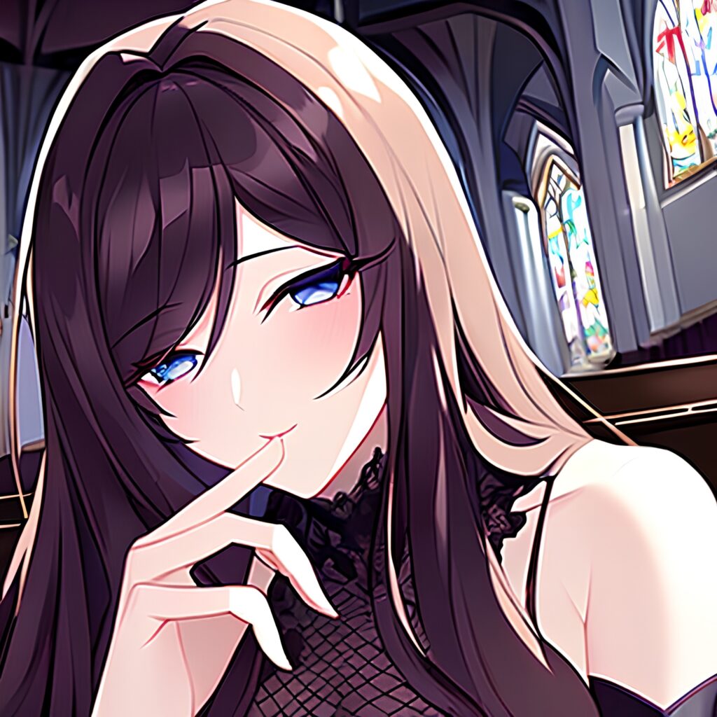 messy hair long hair brunette woman church fishnet 