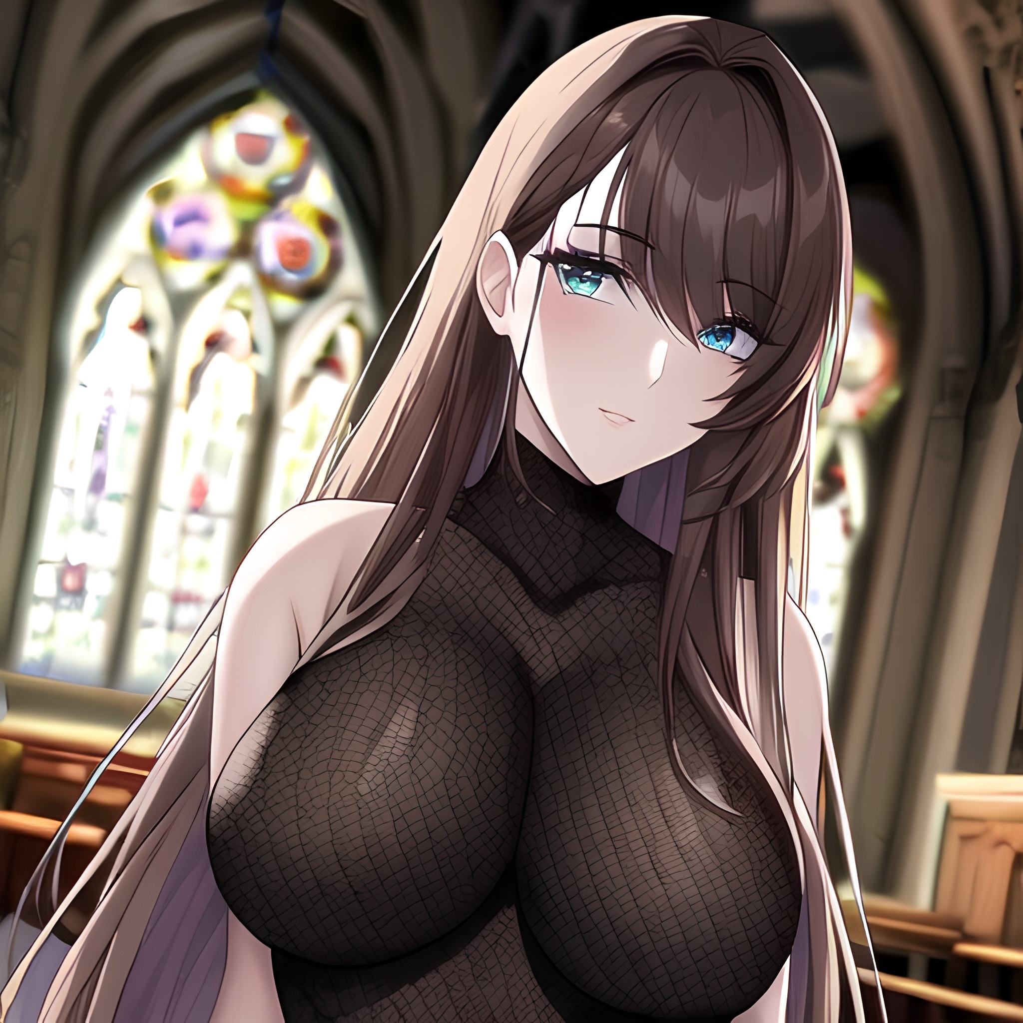 messy hair long hair brunette woman church fishnet 