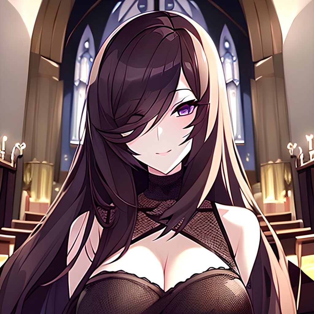 messy hair long hair brunette woman church fishnet 