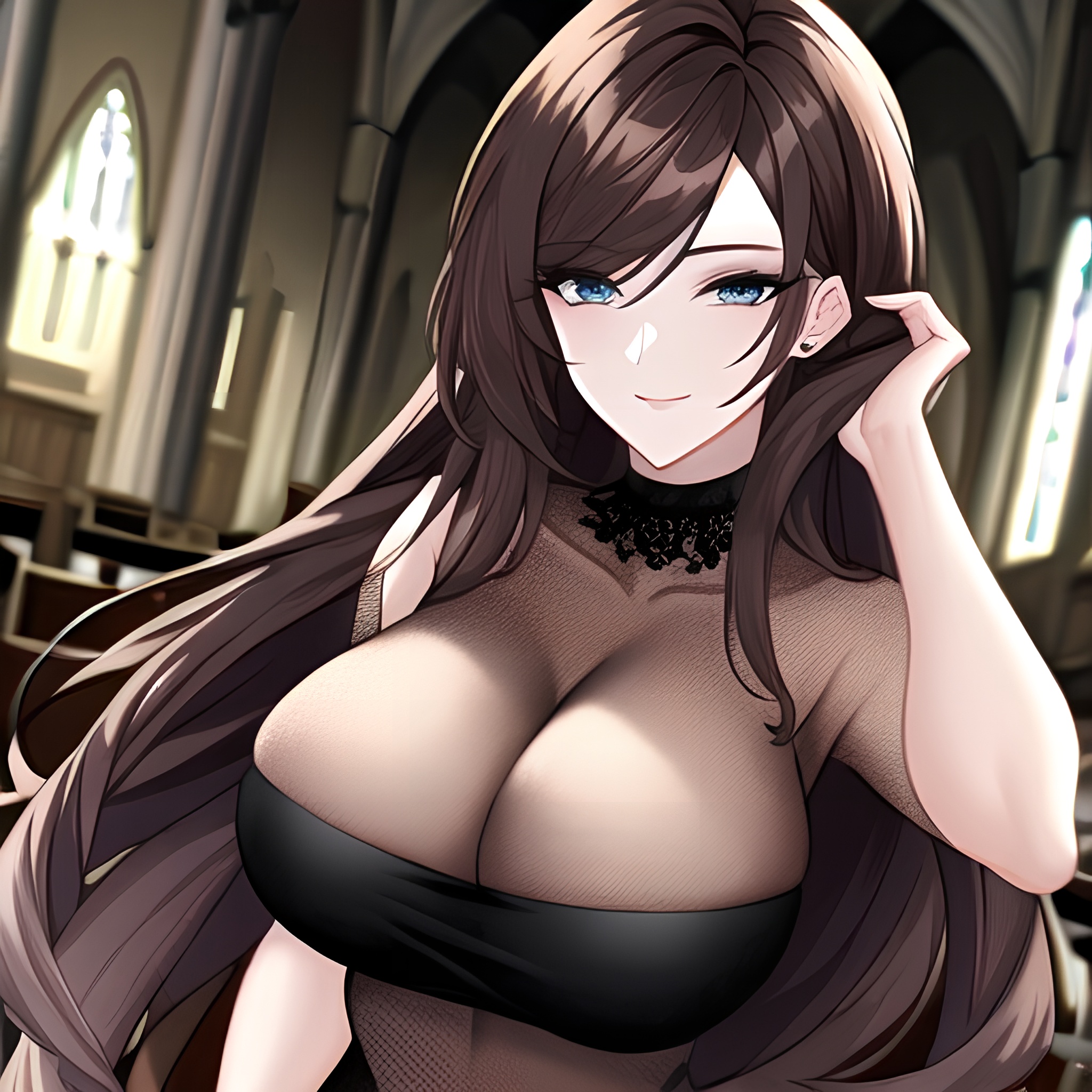 messy hair long hair brunette woman fishnet church 