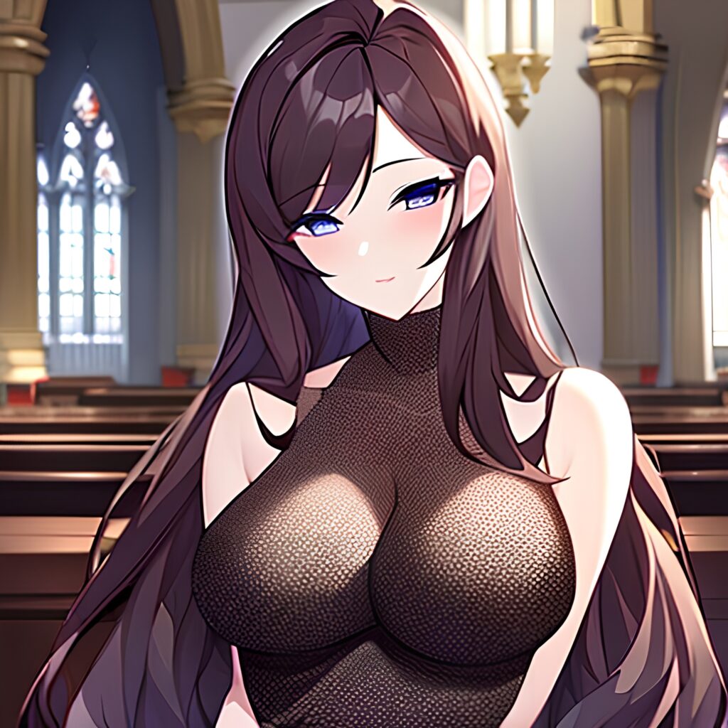 messy hair long hair brunette woman fishnet church 