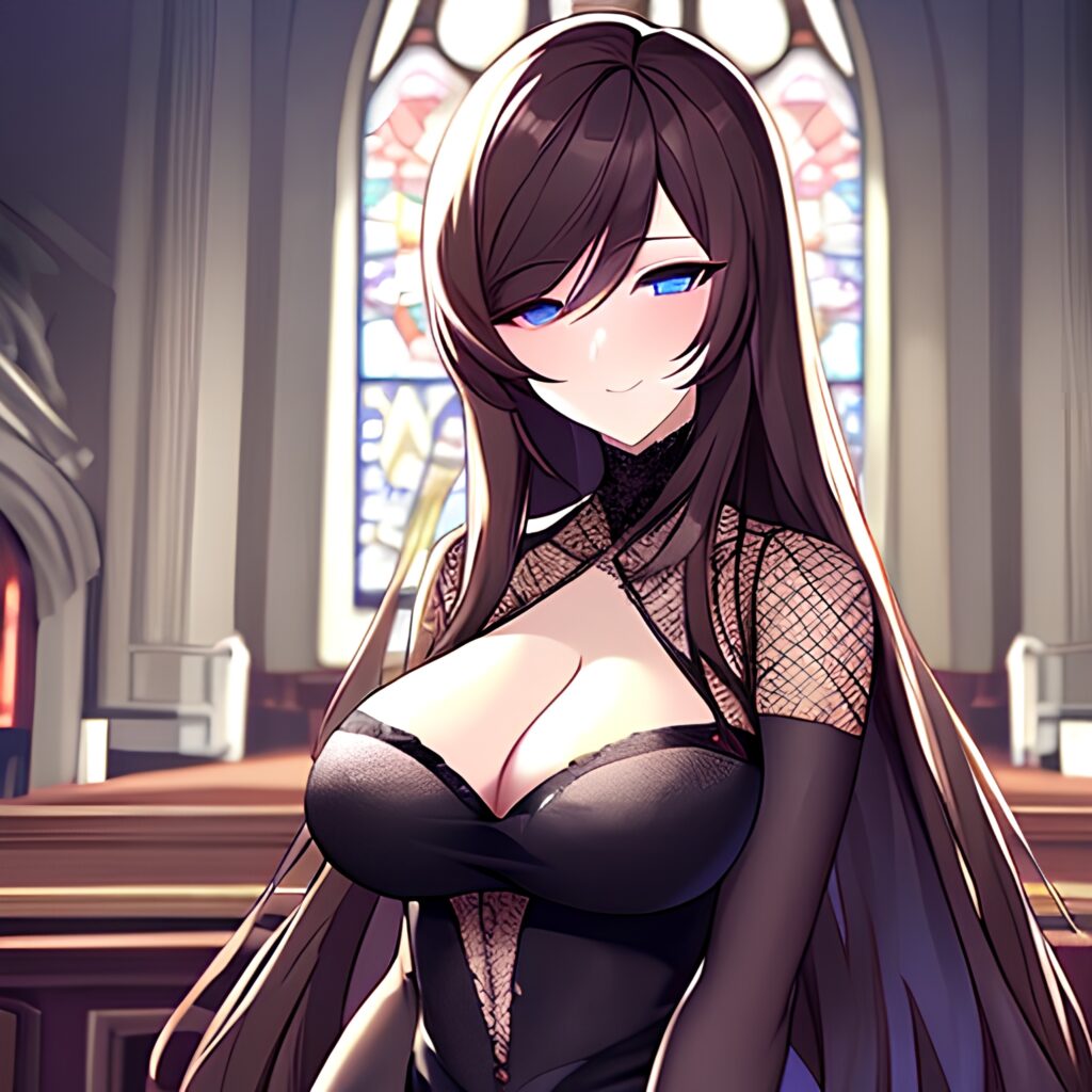 messy hair long hair brunette woman fishnet church 