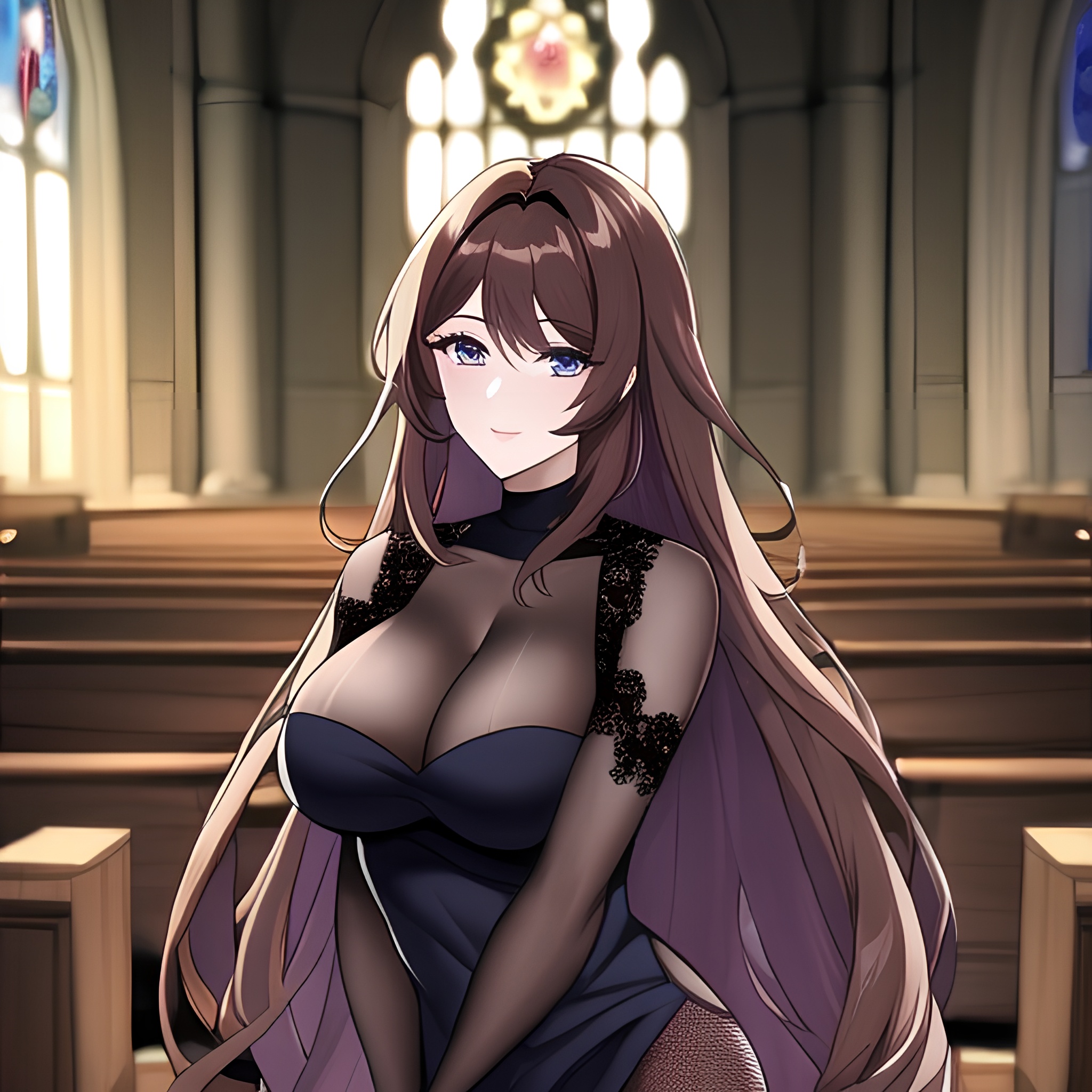 messy hair long hair church brunette fishnet woman 