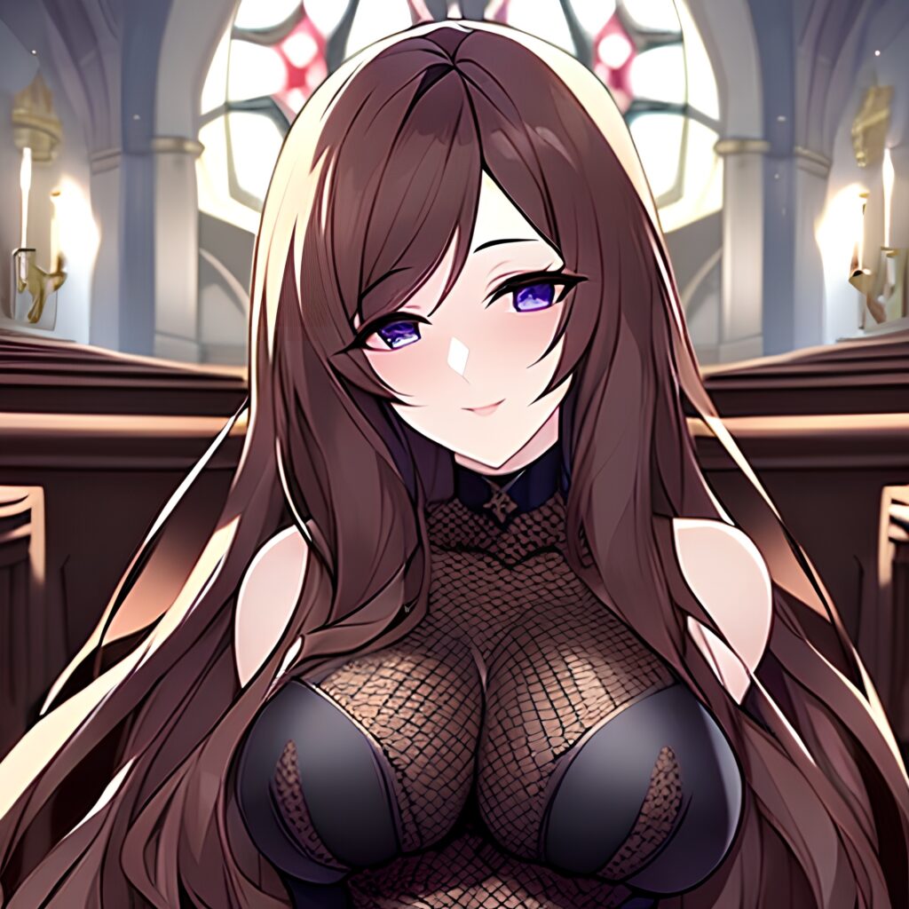 messy hair long hair church brunette fishnet woman 