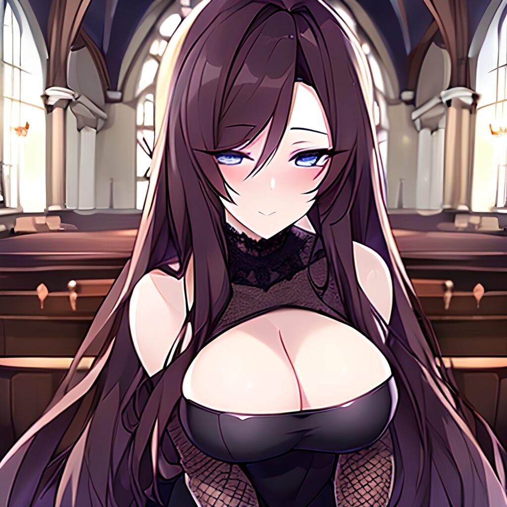 messy hair long hair church brunette fishnet woman 