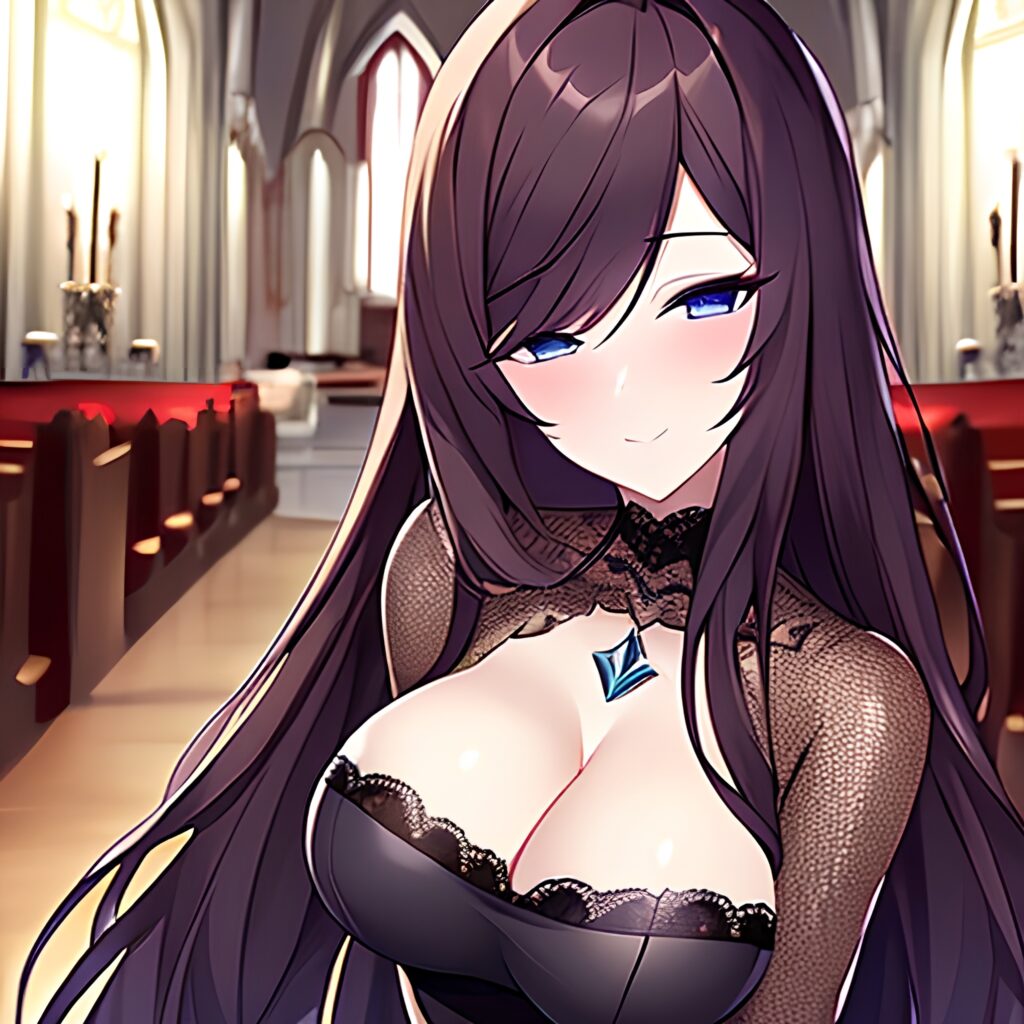 messy hair long hair church brunette woman fishnet 