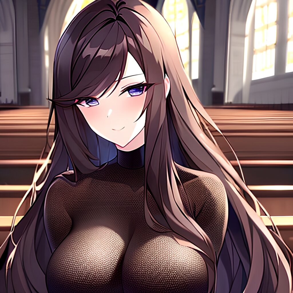 messy hair long hair church brunette woman fishnet 