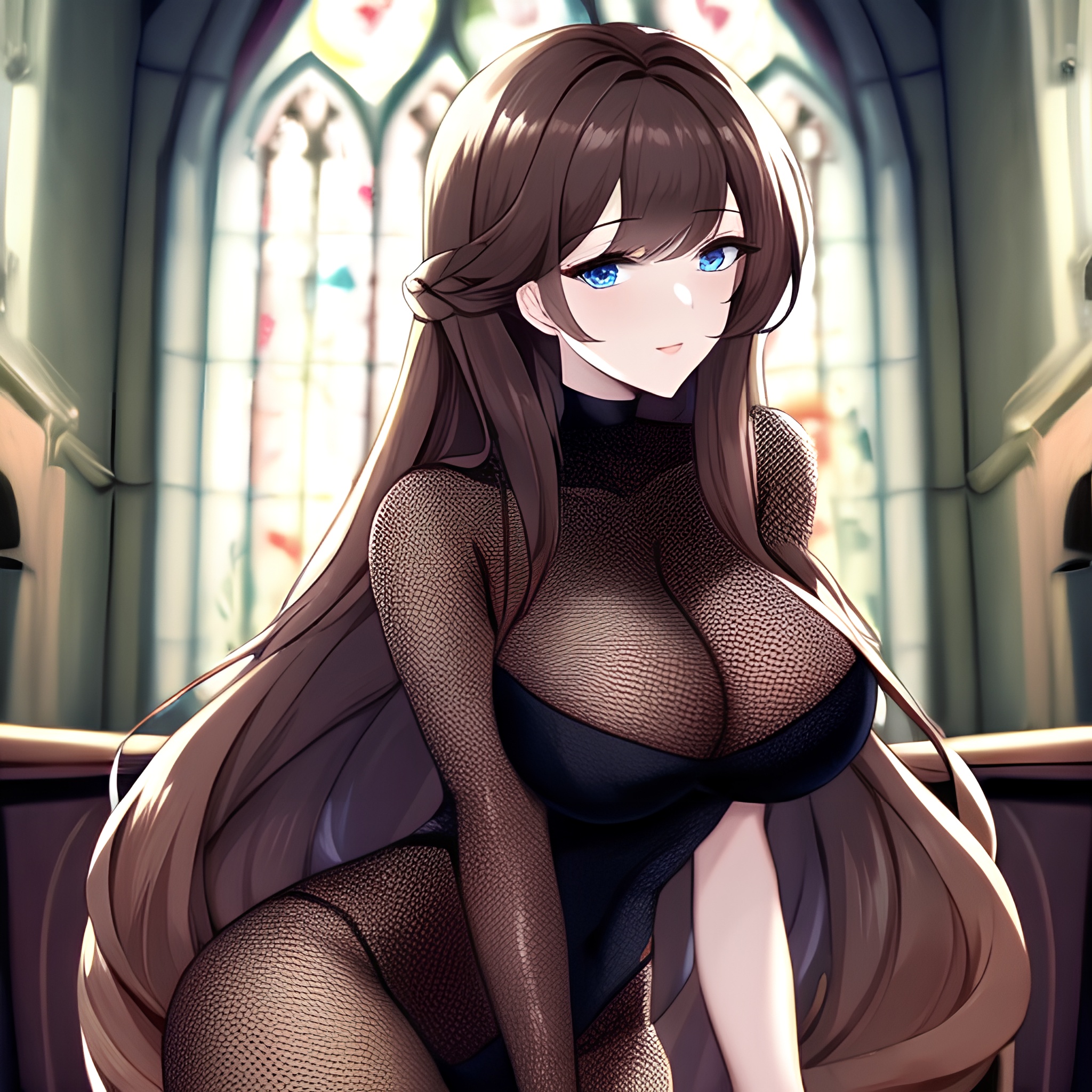 messy hair long hair church brunette woman fishnet