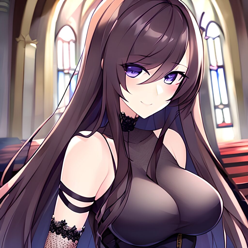 messy hair long hair church brunette woman fishnet 