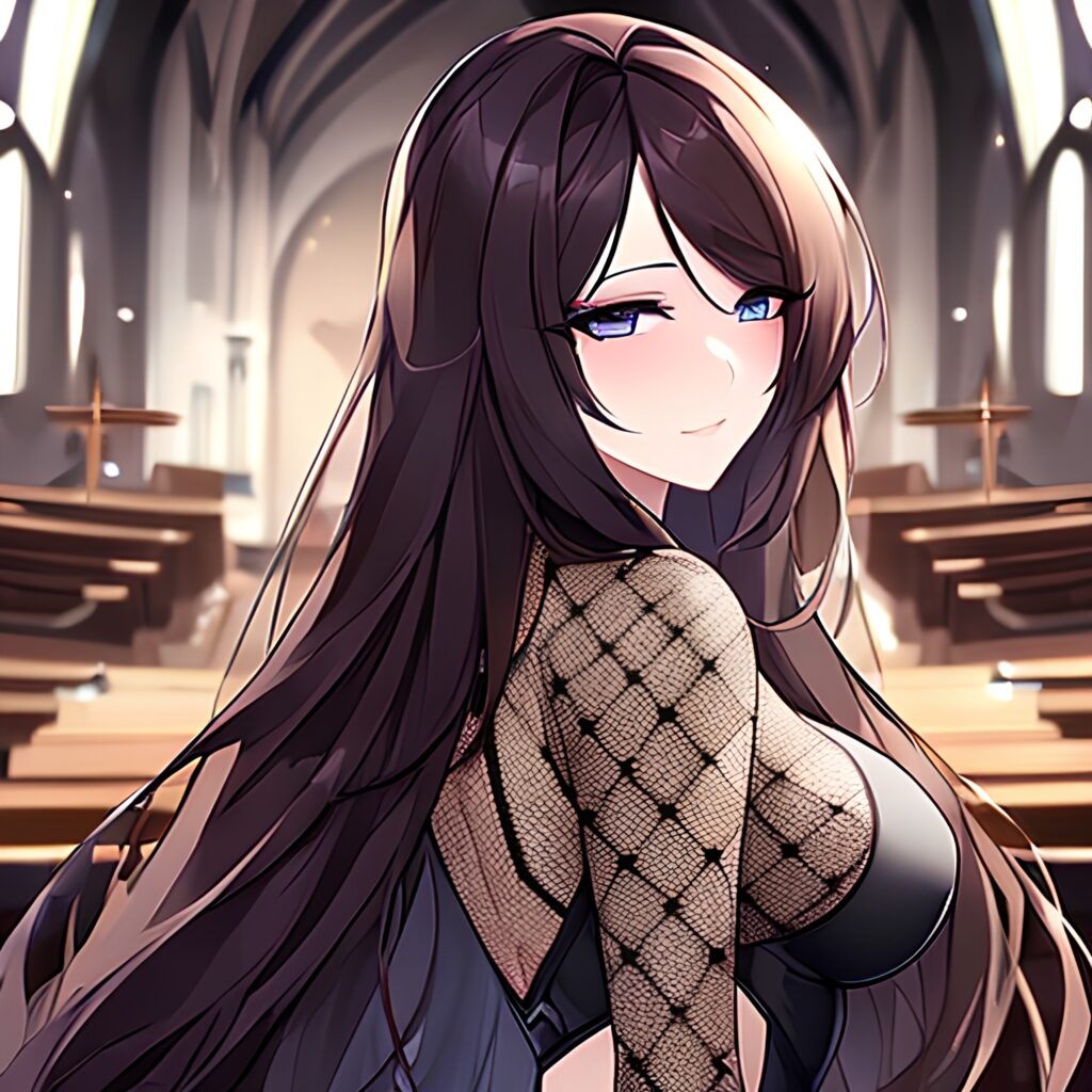 messy hair long hair church fishnet brunette woman 