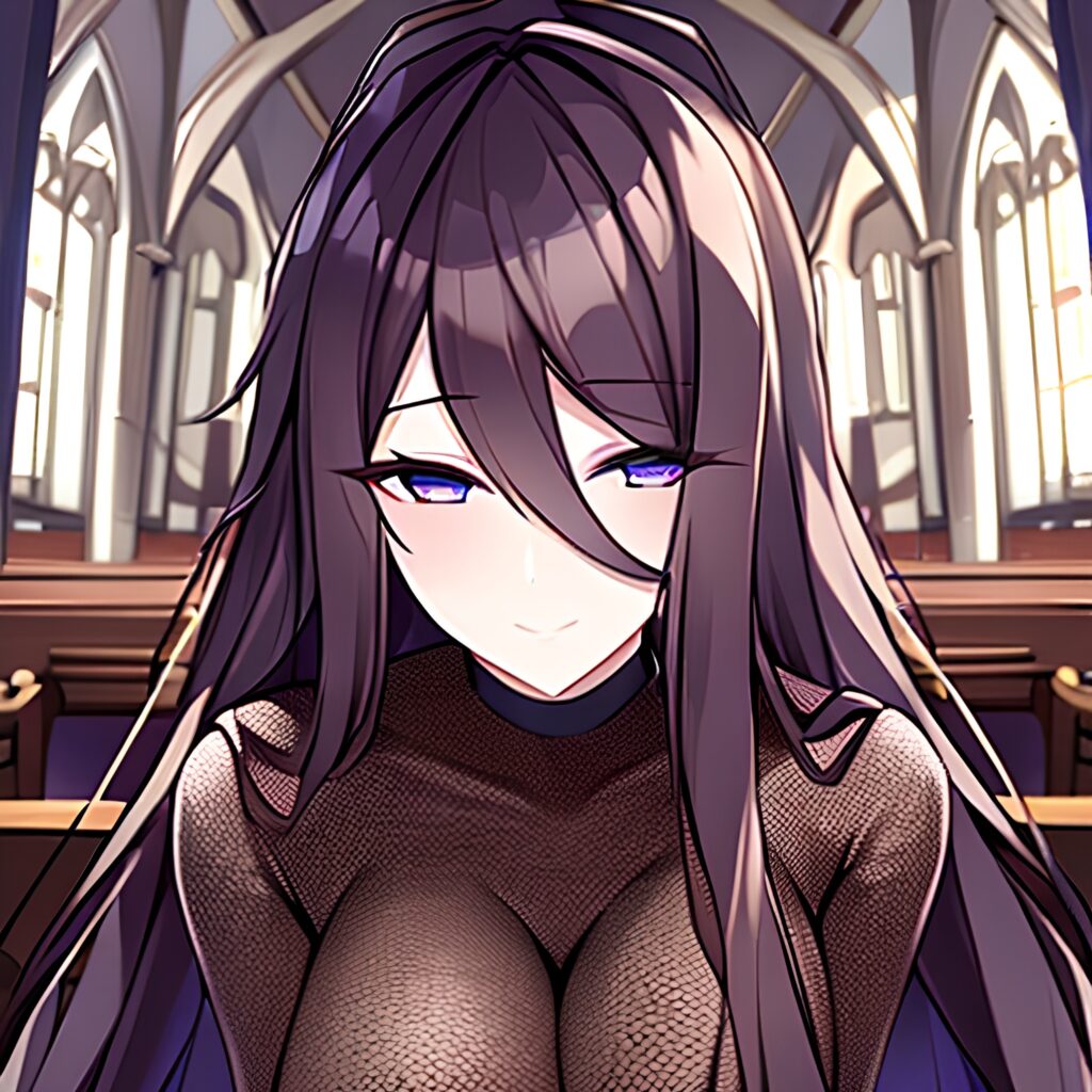 messy hair long hair church fishnet brunette woman