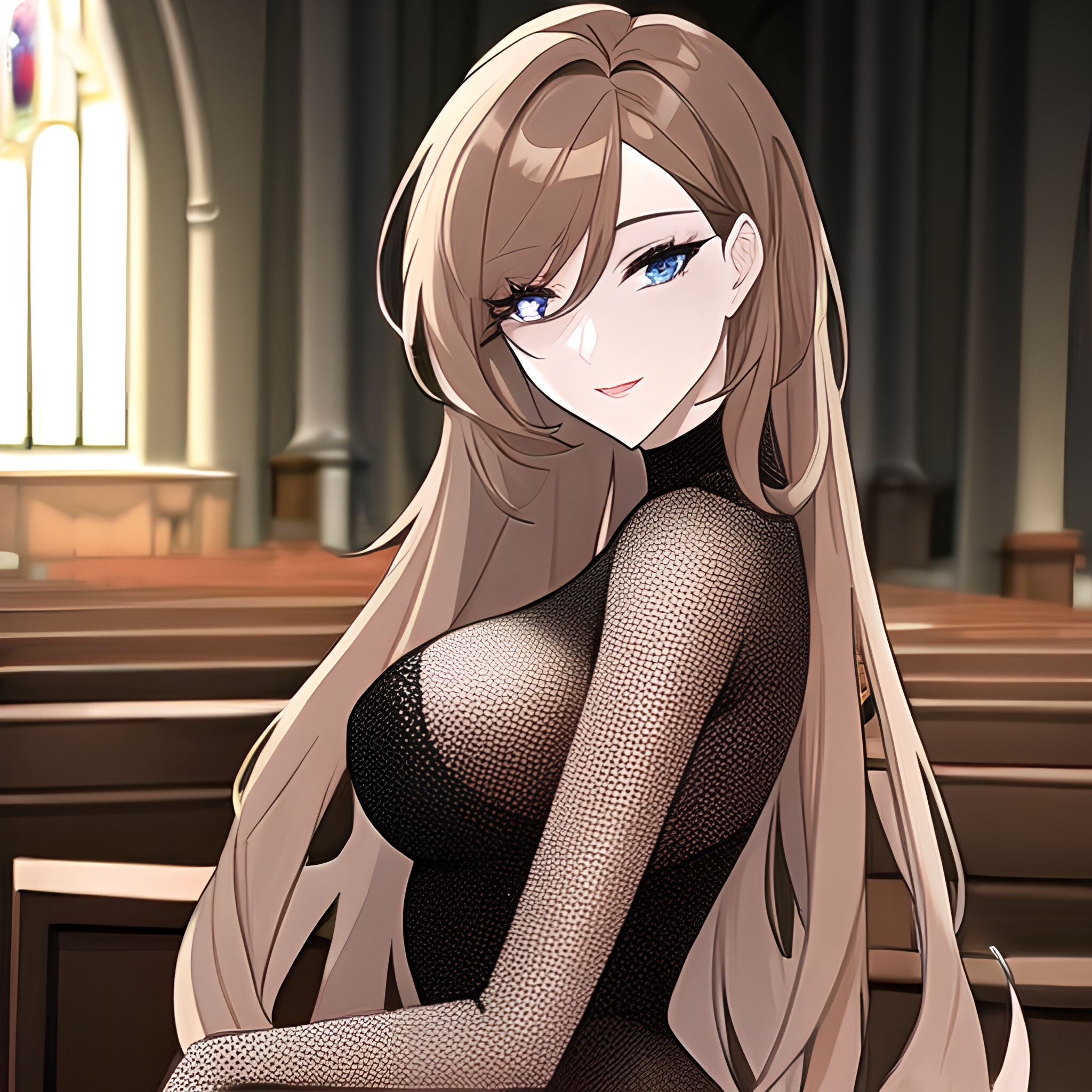 messy hair long hair church fishnet brunette woman 