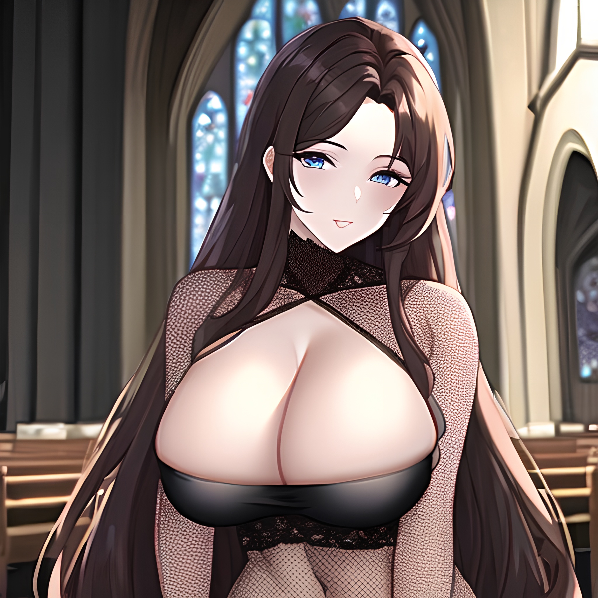 messy hair long hair church fishnet brunette woman 