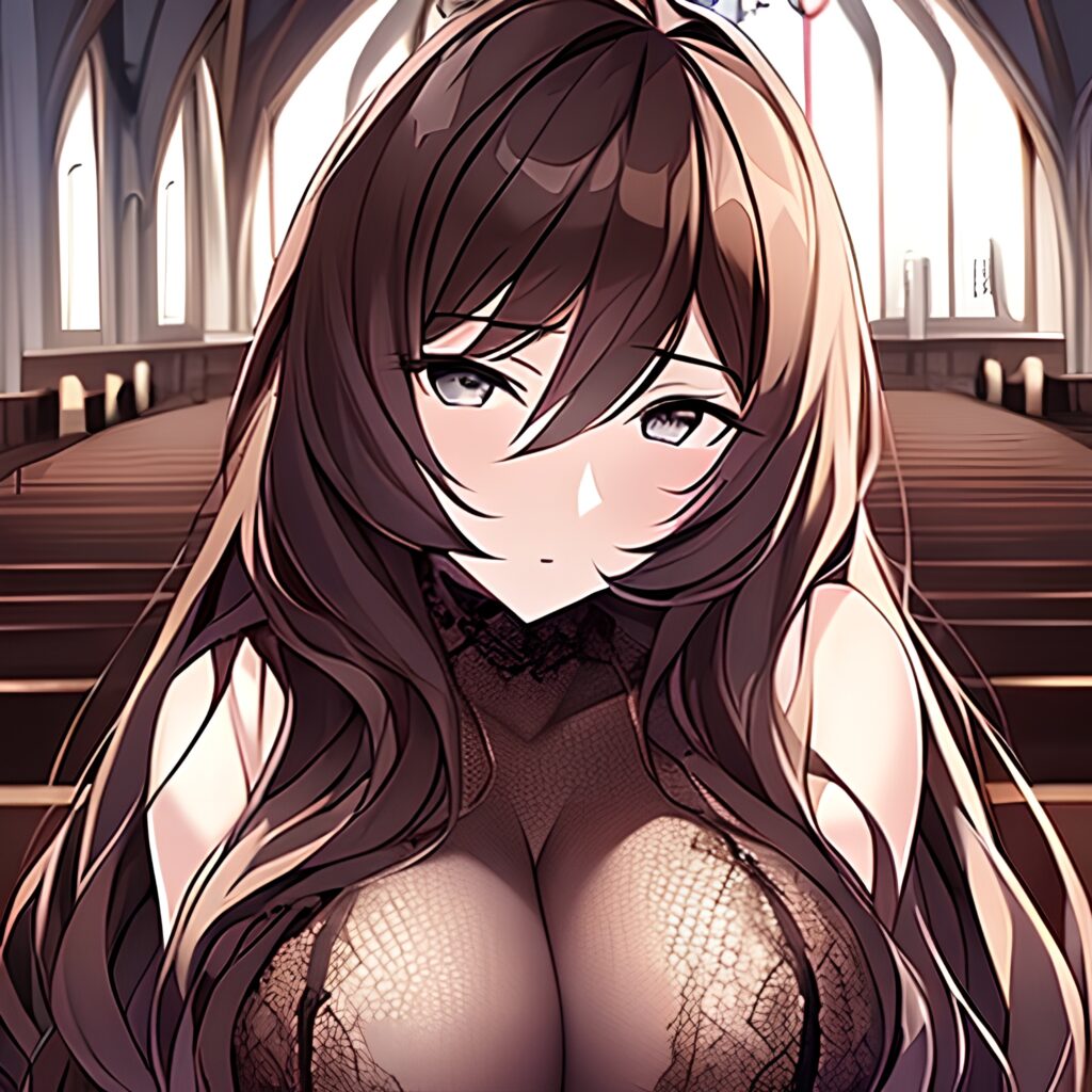 messy hair long hair church fishnet brunette woman 