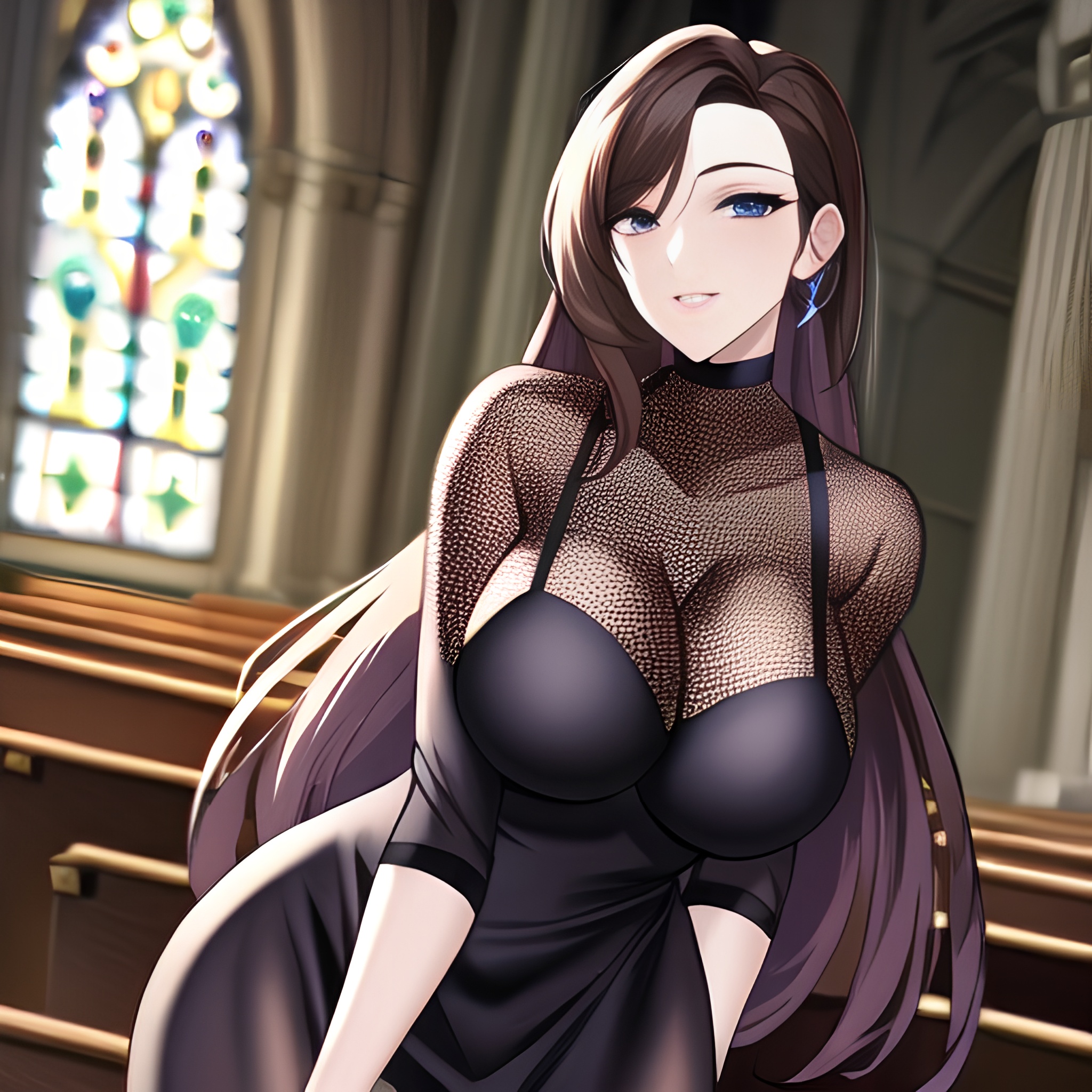 messy hair long hair church fishnet woman brunette 