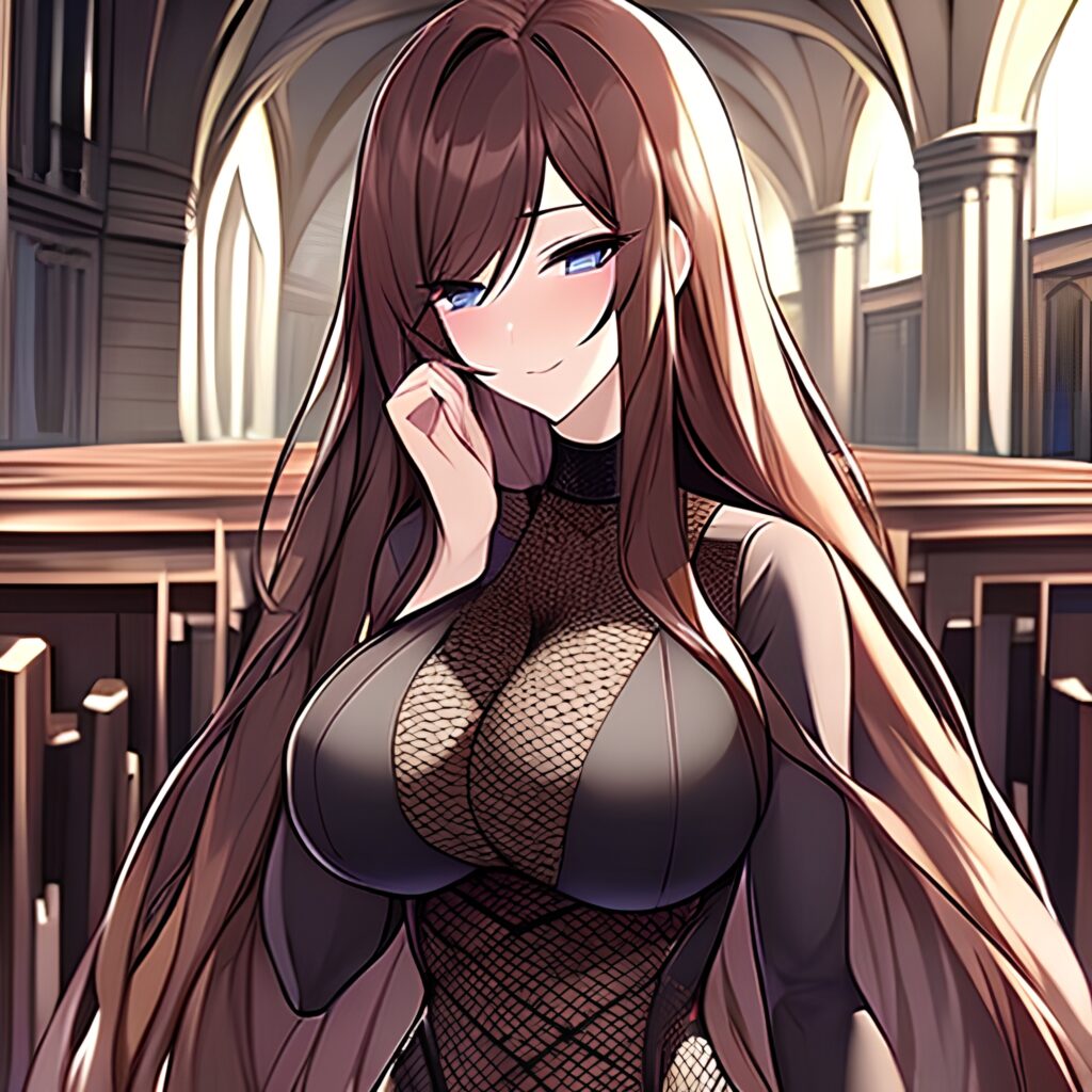 messy hair long hair church woman brunette fishnet 