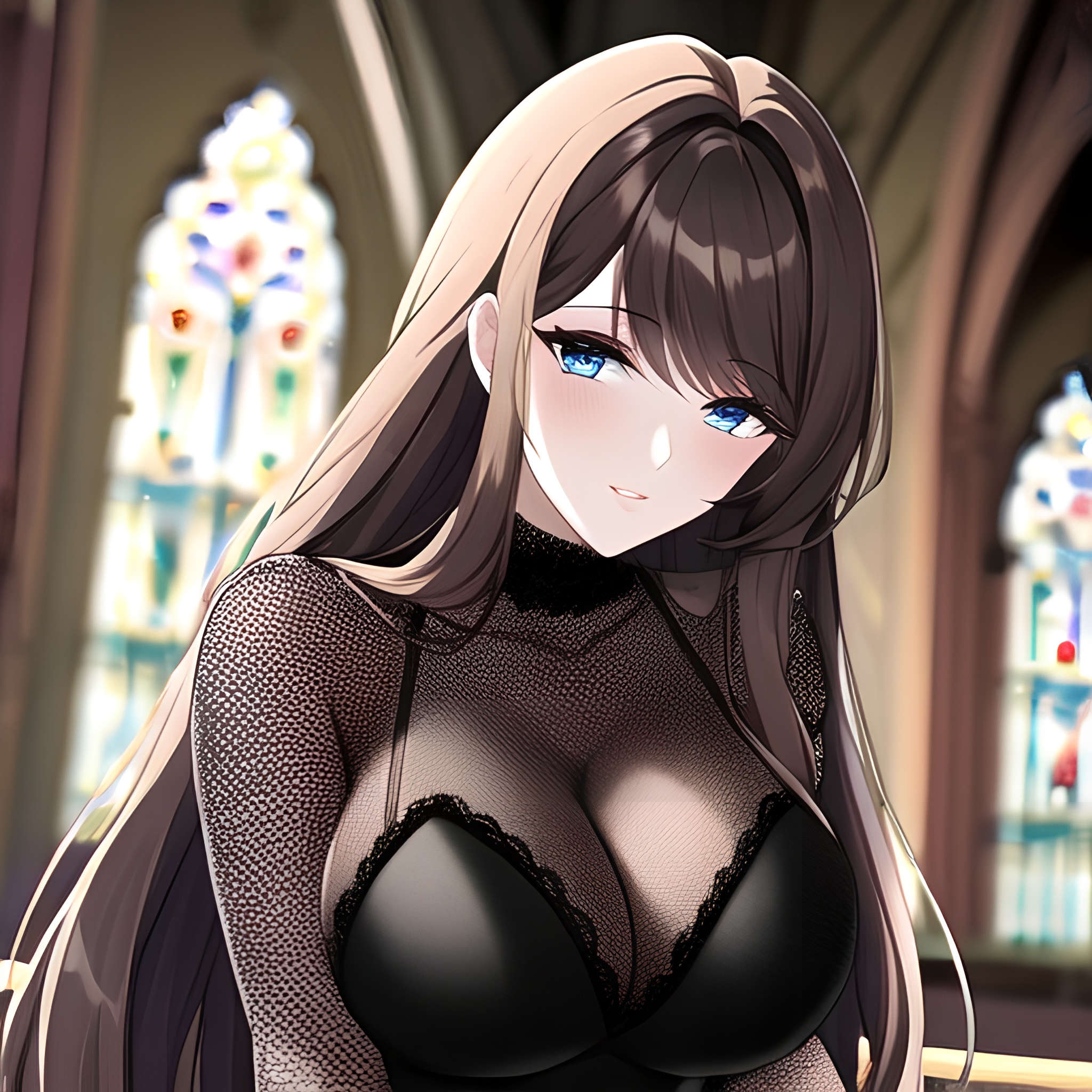 messy hair long hair church woman brunette fishnet
