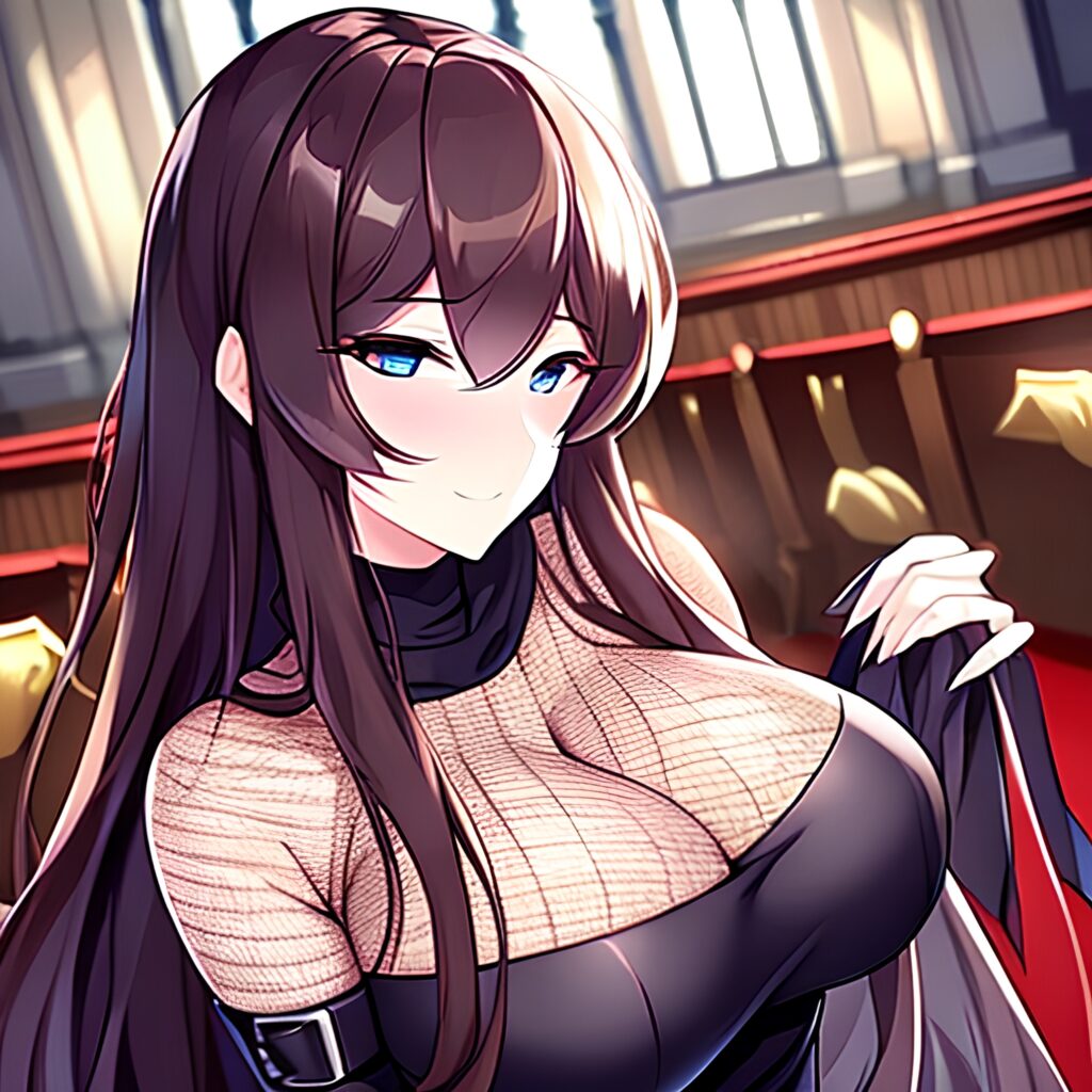 messy hair long hair church woman brunette fishnet 