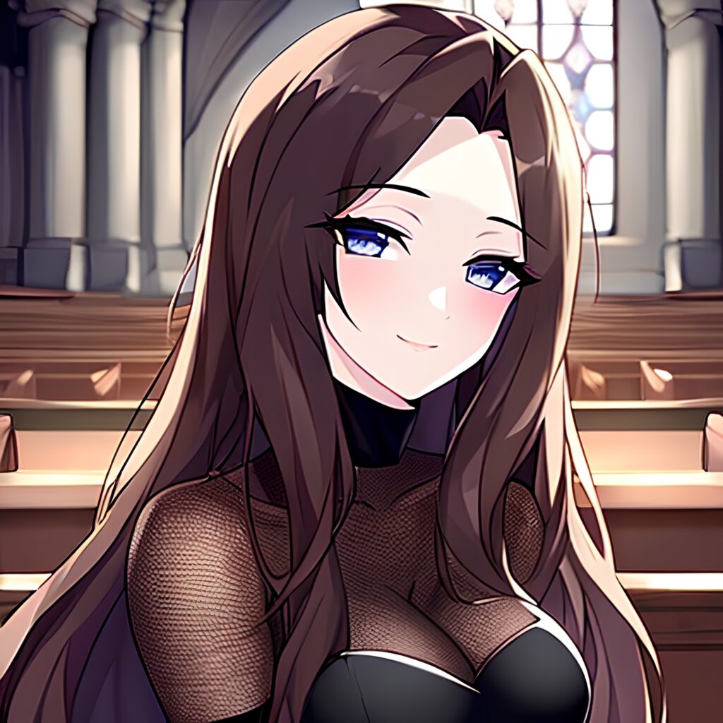 messy hair long hair church woman brunette fishnet 