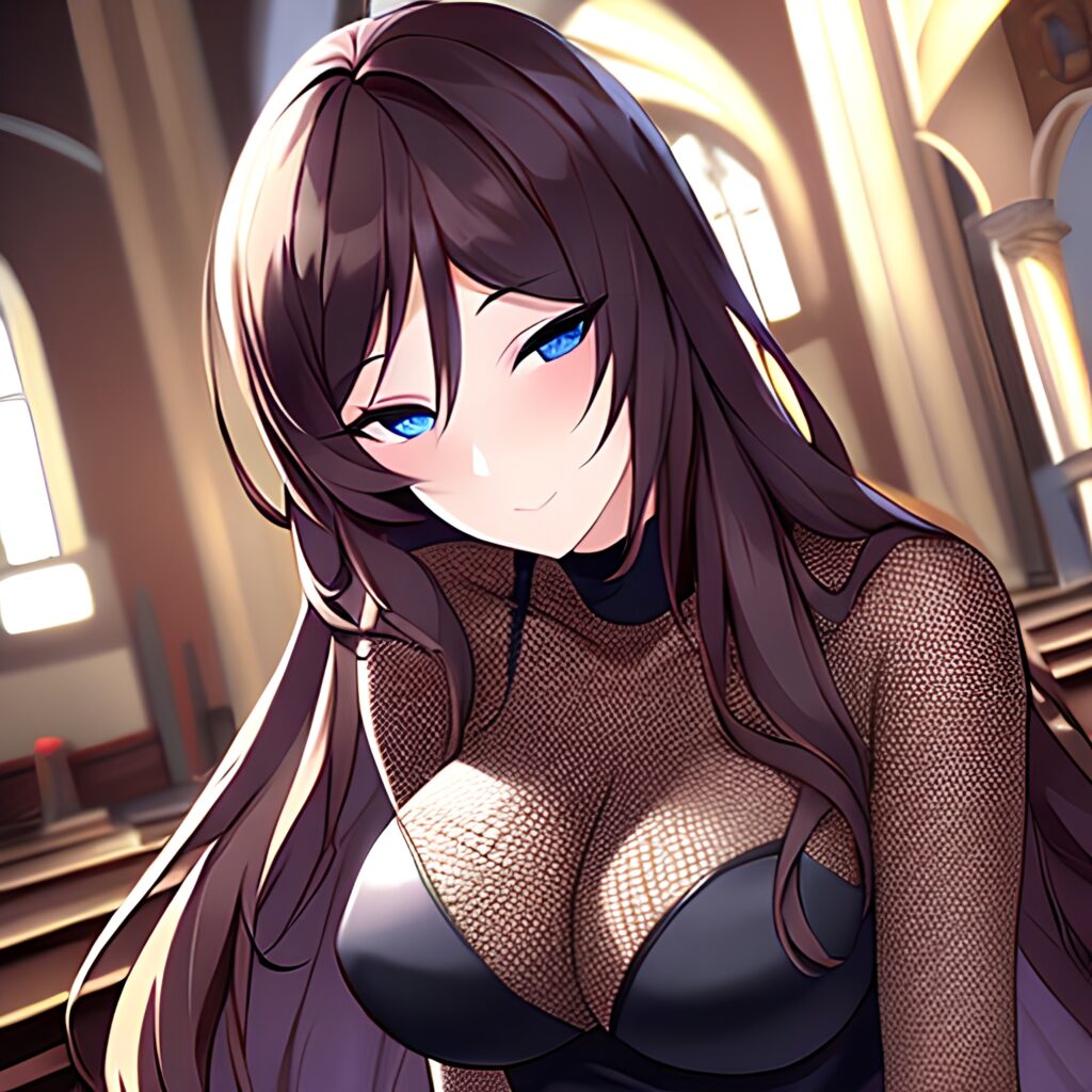 messy hair long hair church woman brunette fishnet 