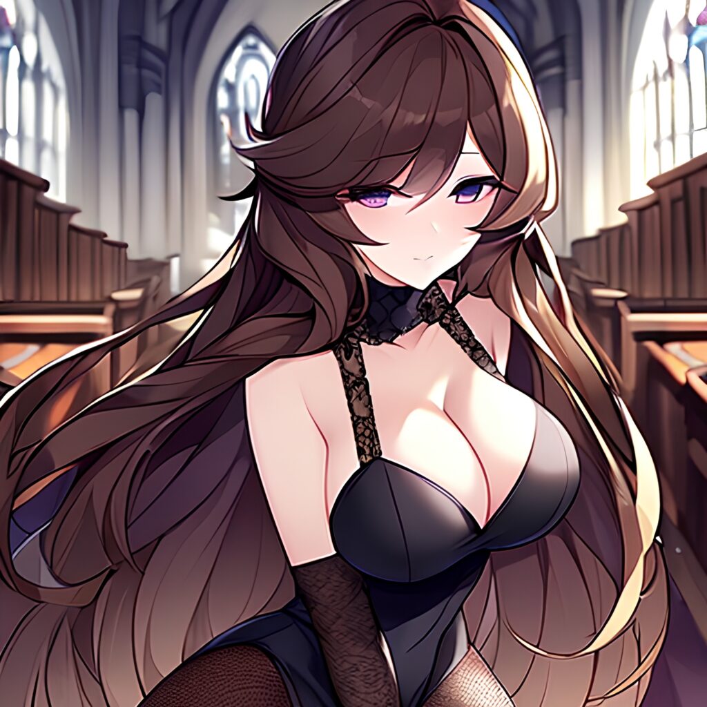 messy hair long hair church woman brunette fishnet 