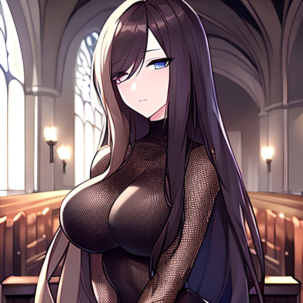 messy hair long hair church woman fishnet brunette 