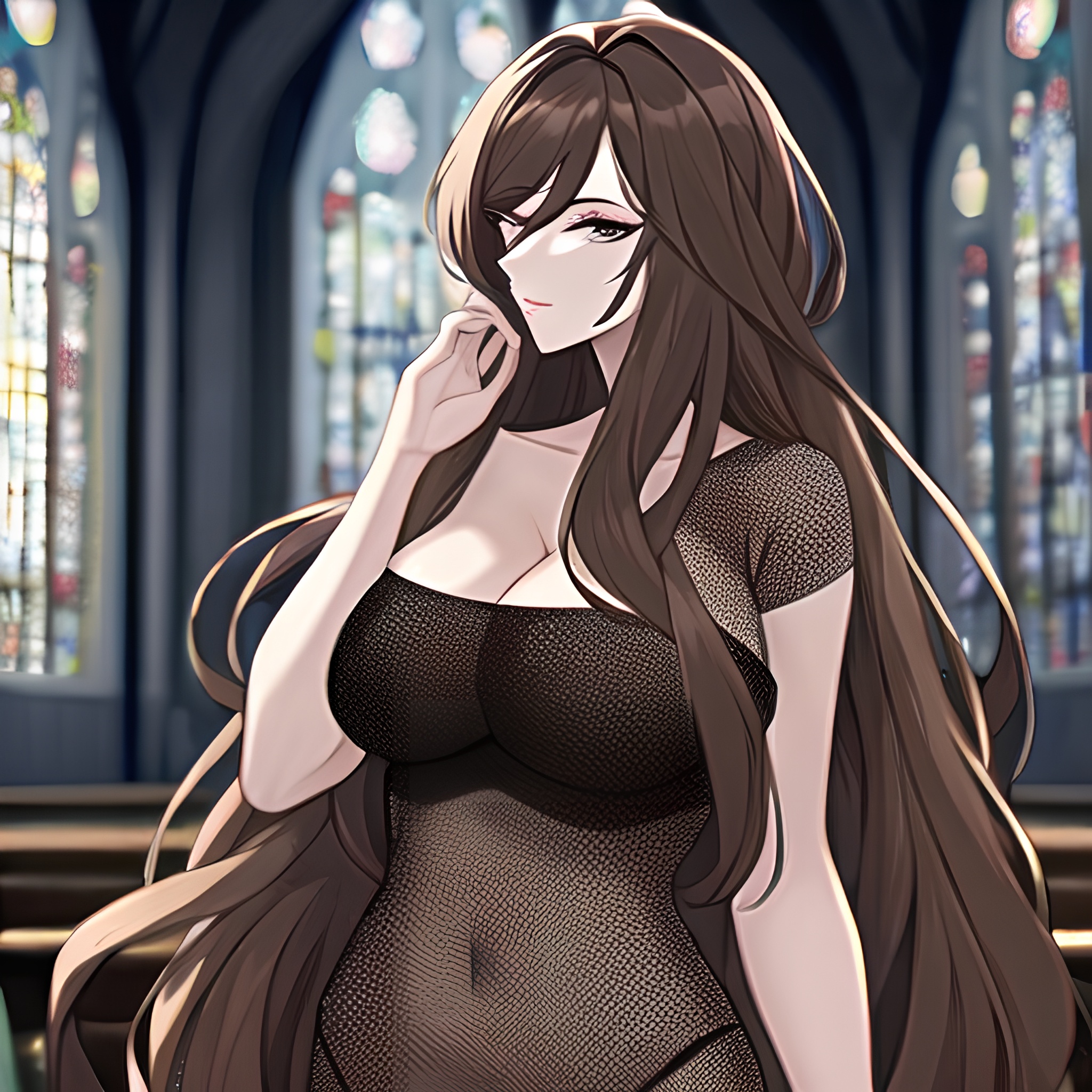 messy hair long hair church woman fishnet brunette 