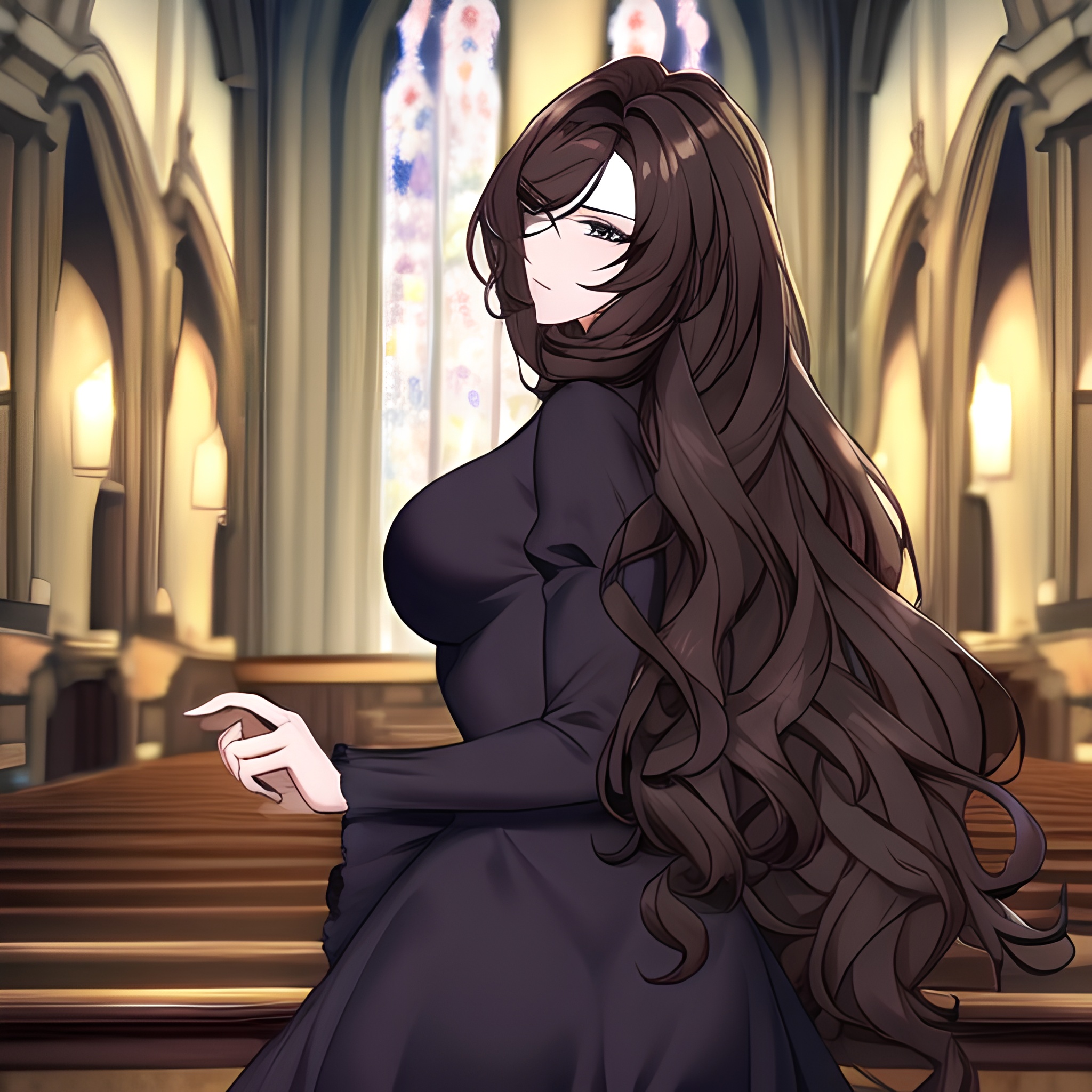 messy hair long hair fishnet brunette church woman