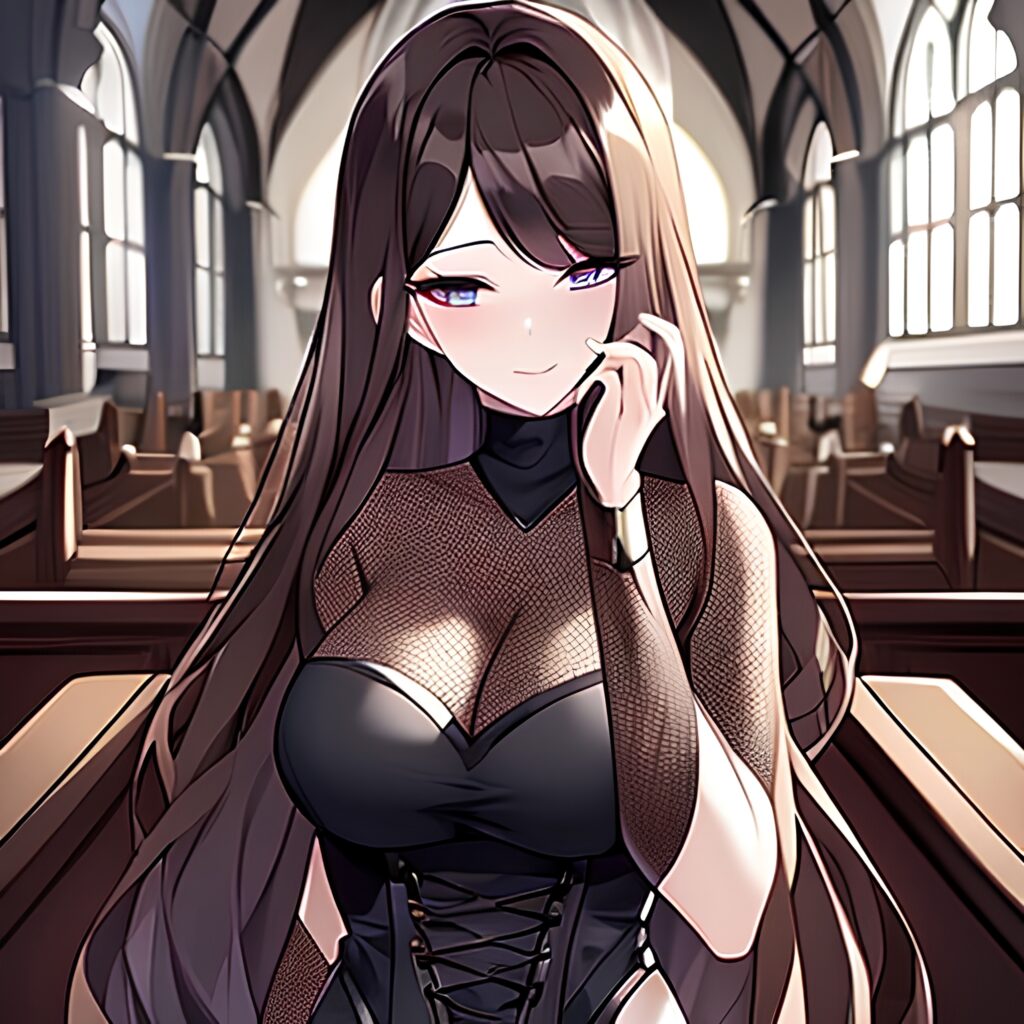 messy hair long hair fishnet brunette church woman