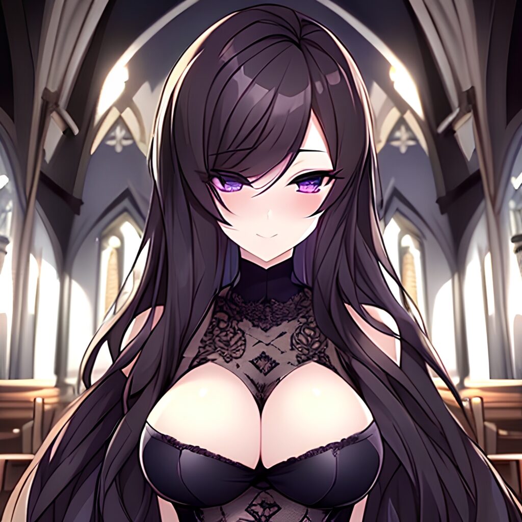 messy hair long hair fishnet brunette church woman 