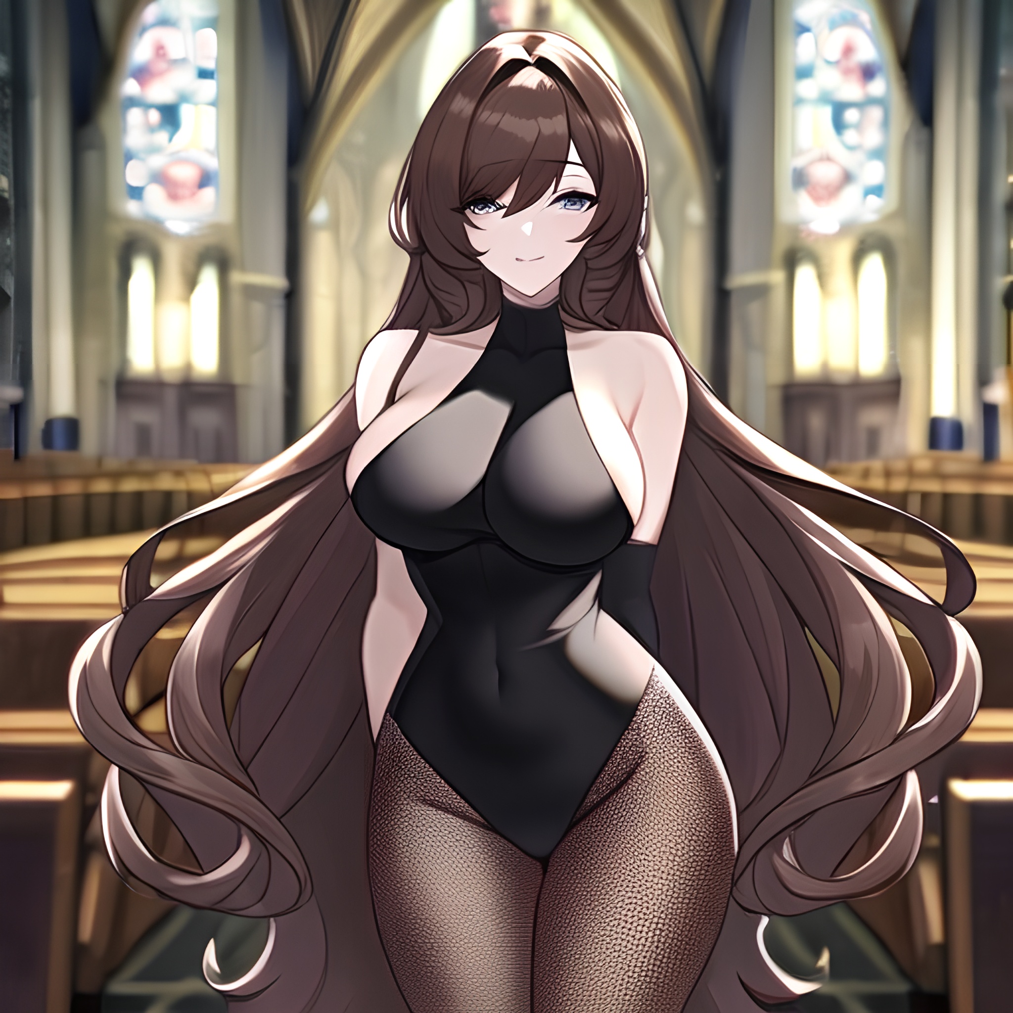 messy hair long hair fishnet brunette church woman 