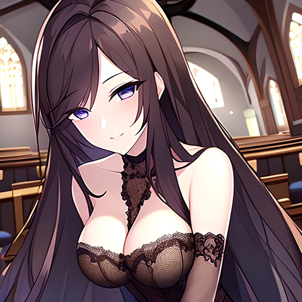 messy hair long hair fishnet brunette church woman 