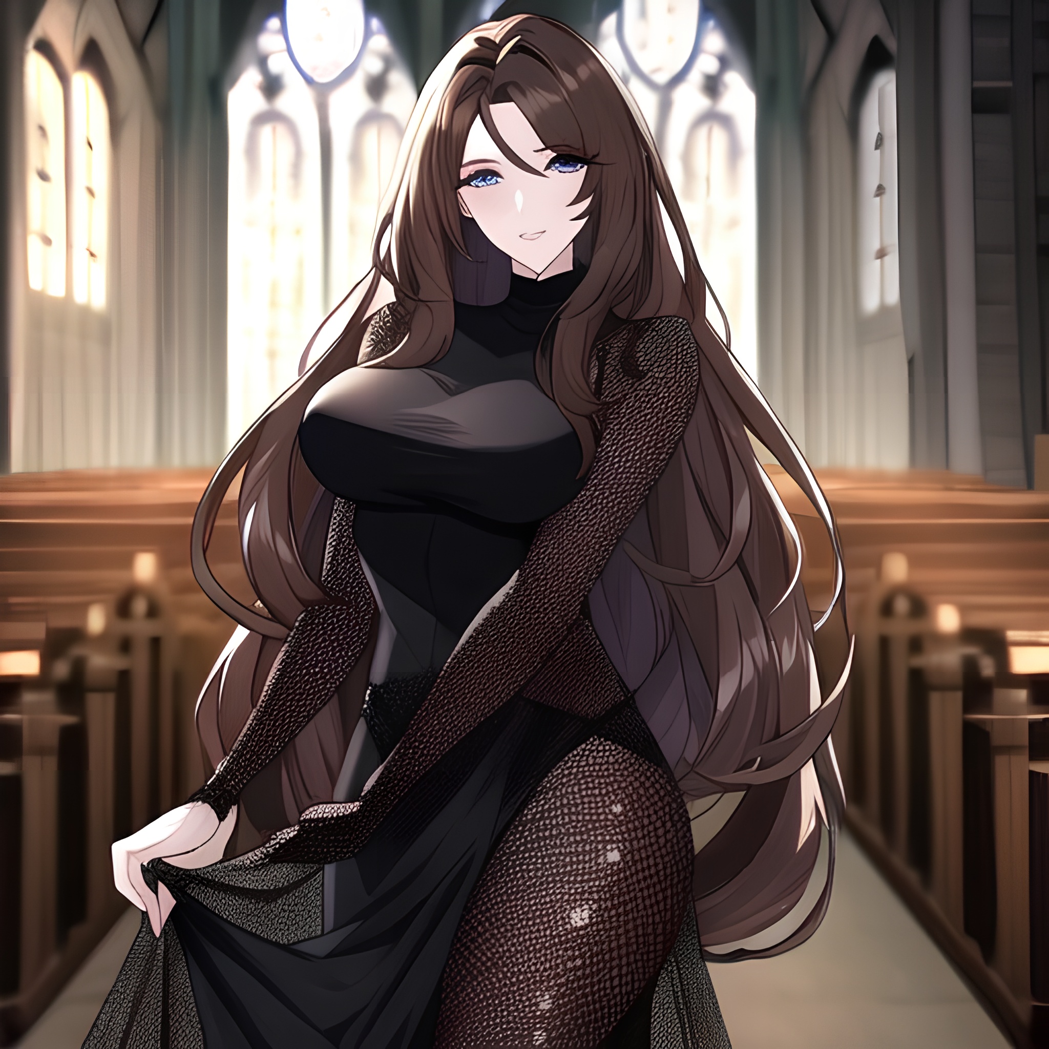messy hair long hair fishnet brunette church woman 
