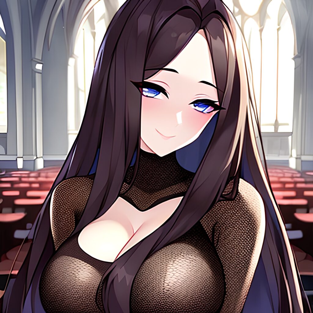 messy hair long hair fishnet brunette church woman 