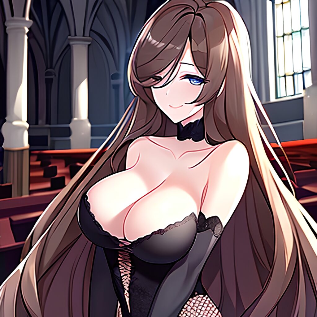 messy hair long hair fishnet brunette church woman 