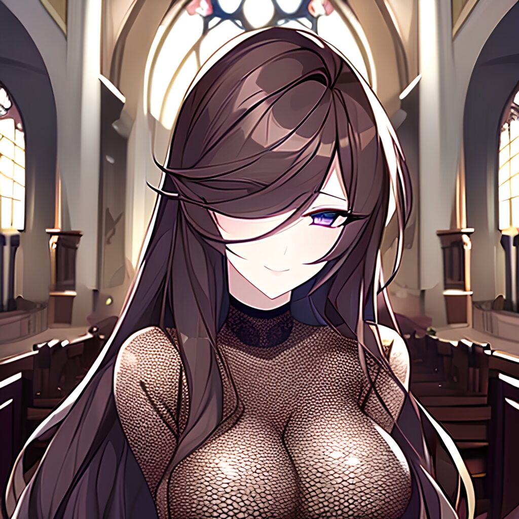 messy hair long hair fishnet brunette woman church 
