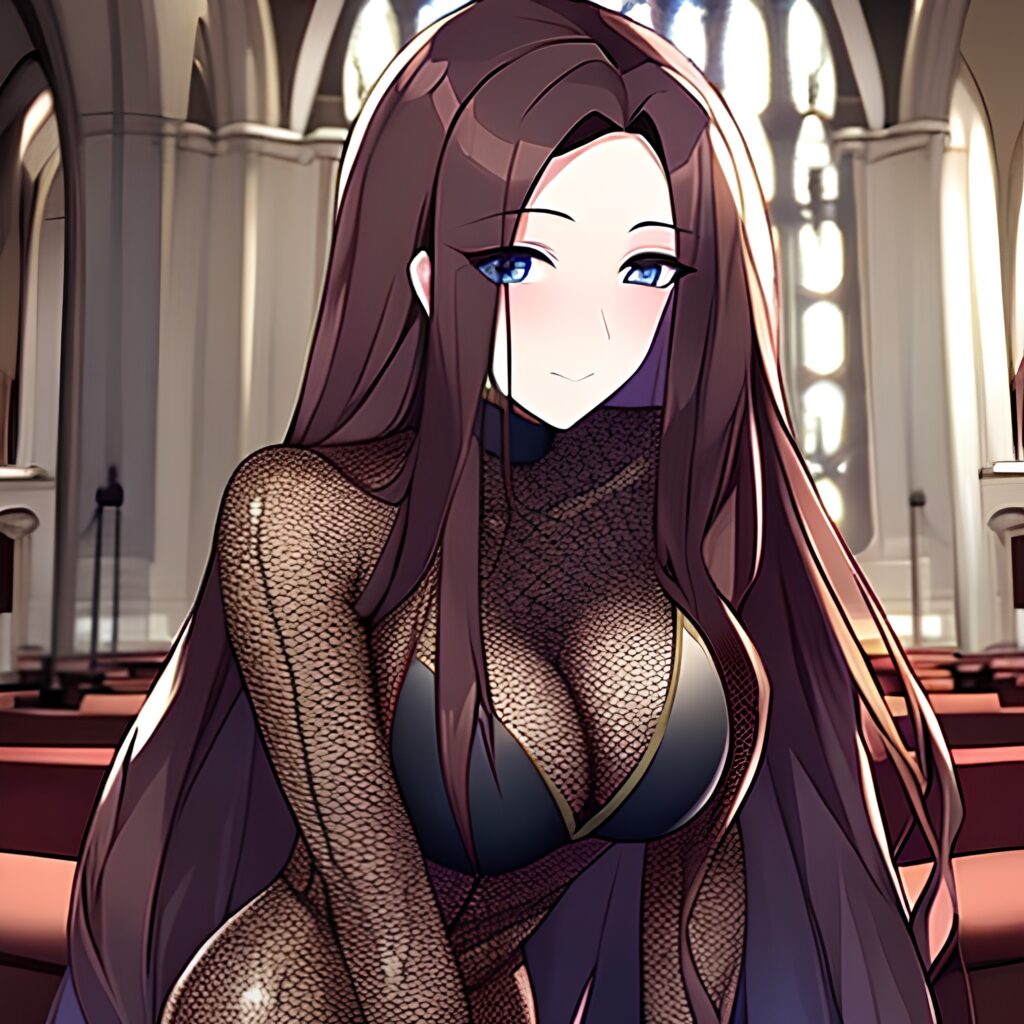 messy hair long hair fishnet brunette woman church