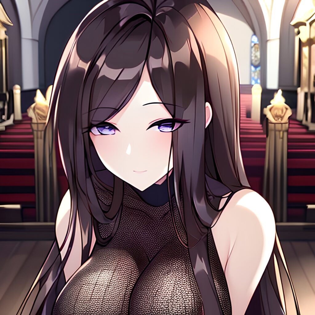 messy hair long hair fishnet brunette woman church 