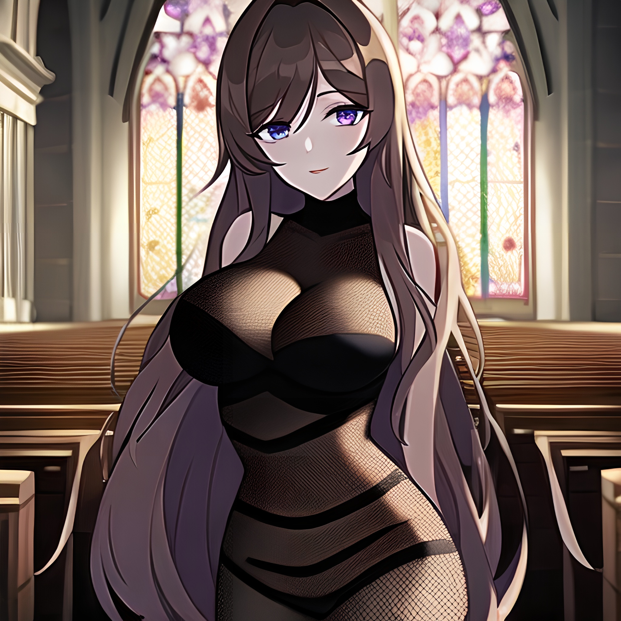 messy hair long hair fishnet church brunette woman 