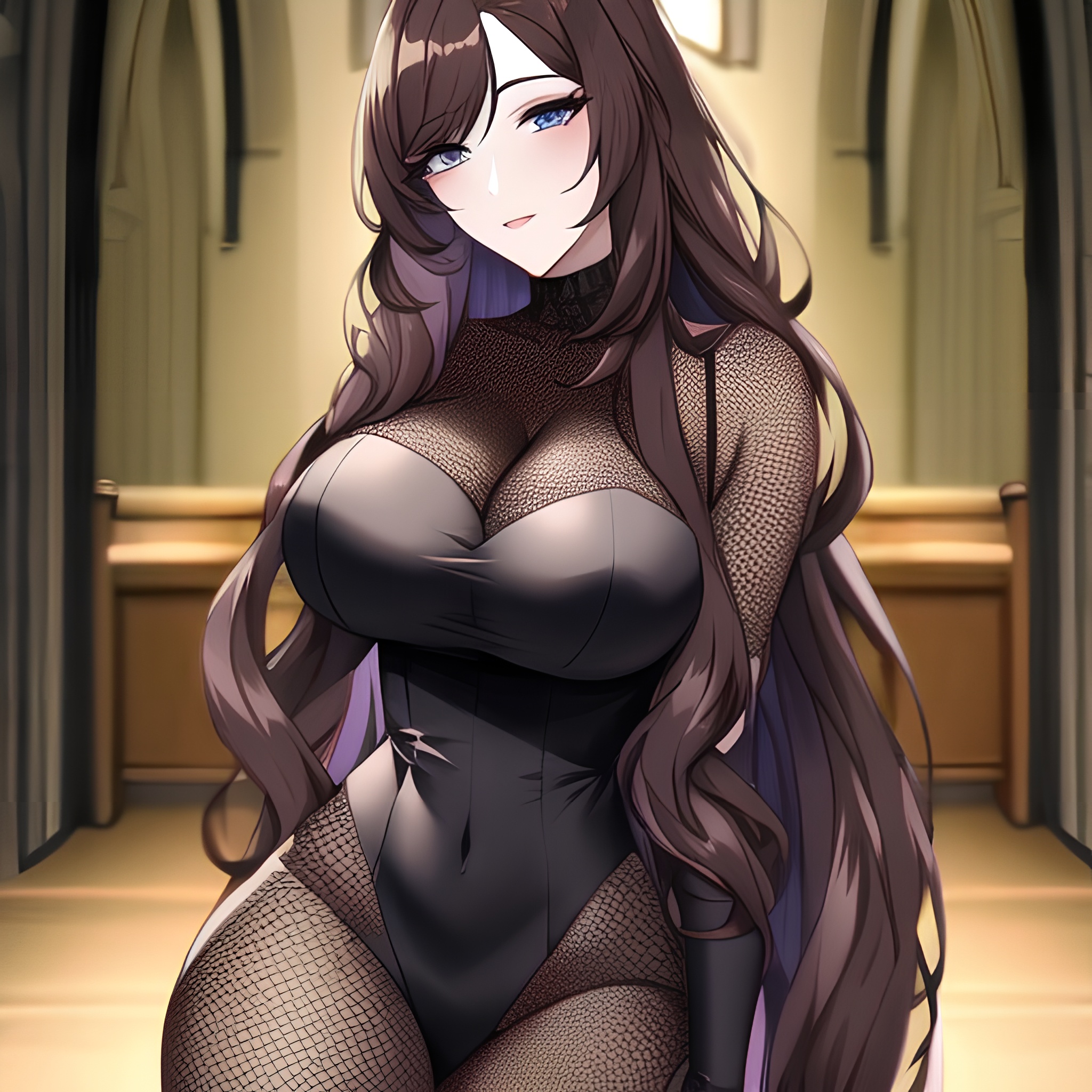 messy hair long hair fishnet church woman brunette 