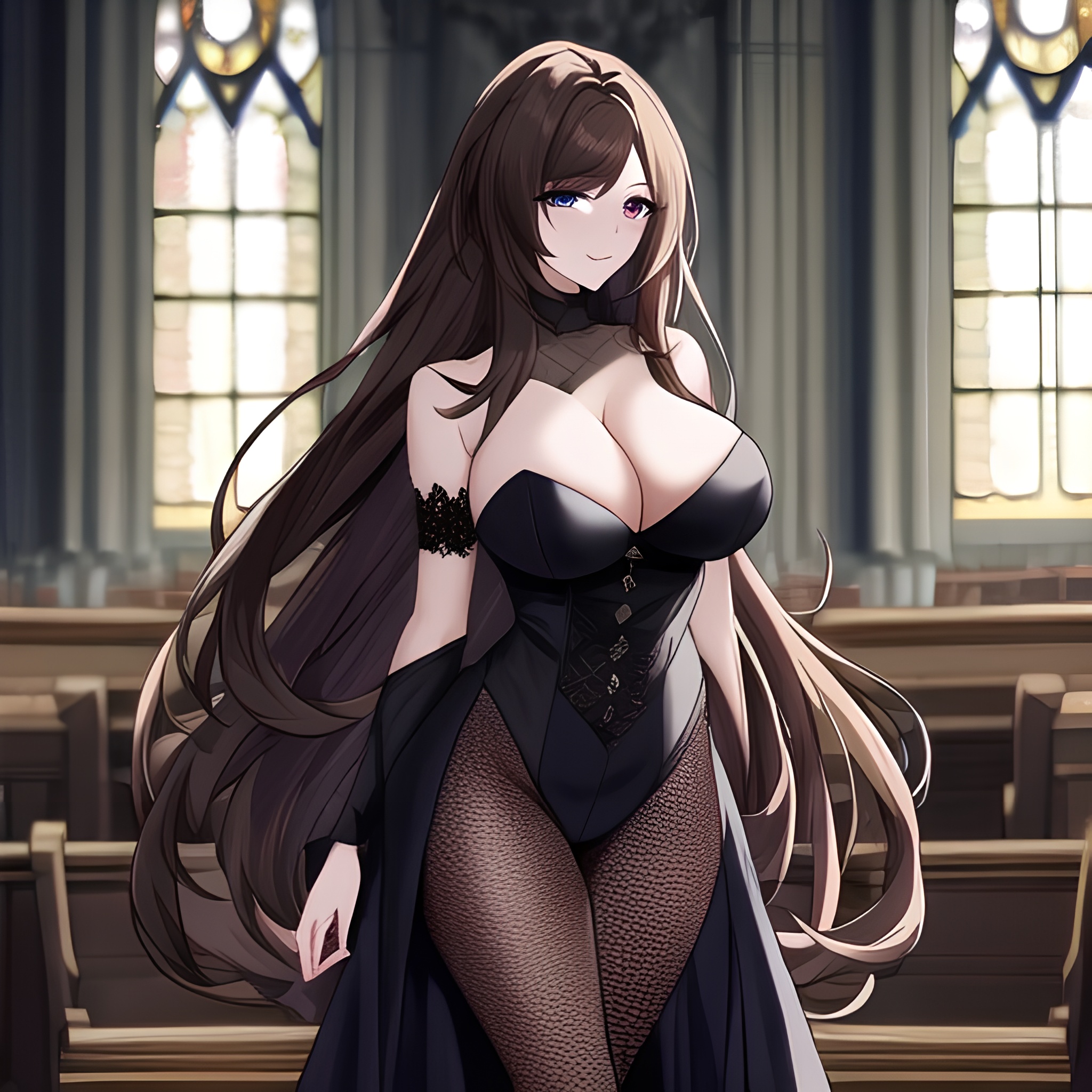 messy hair long hair fishnet church woman brunette 