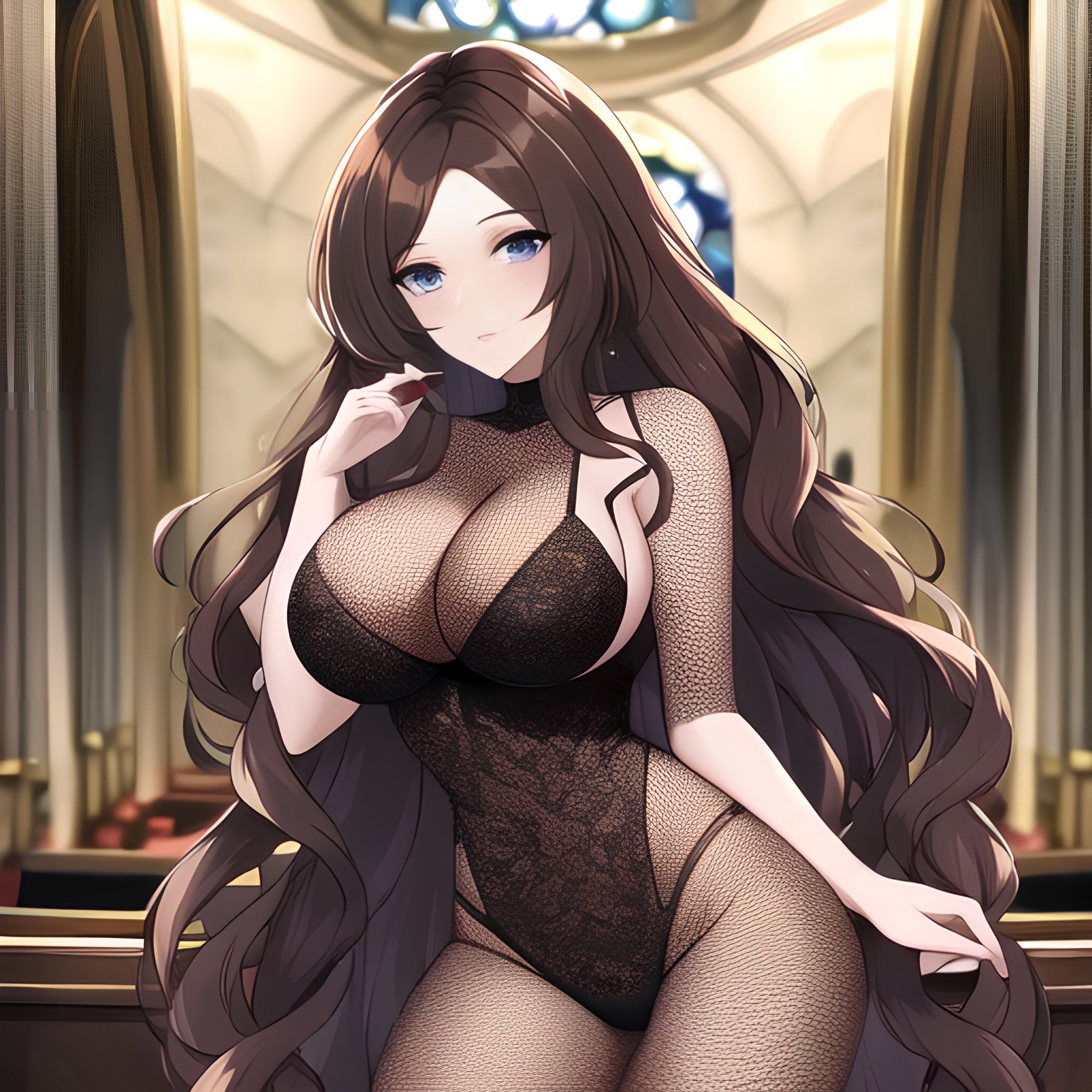 messy hair long hair fishnet church woman brunette 