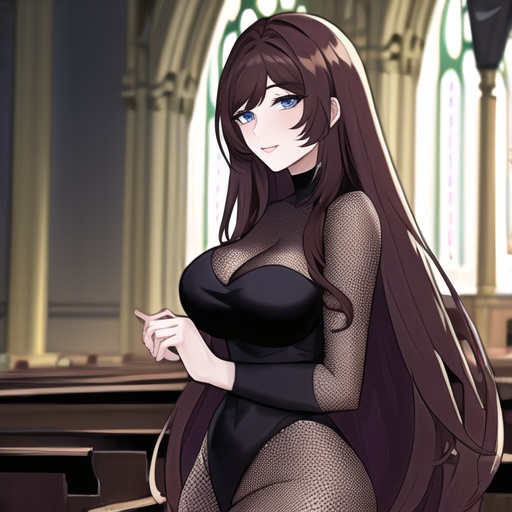 messy hair long hair fishnet church woman brunette 