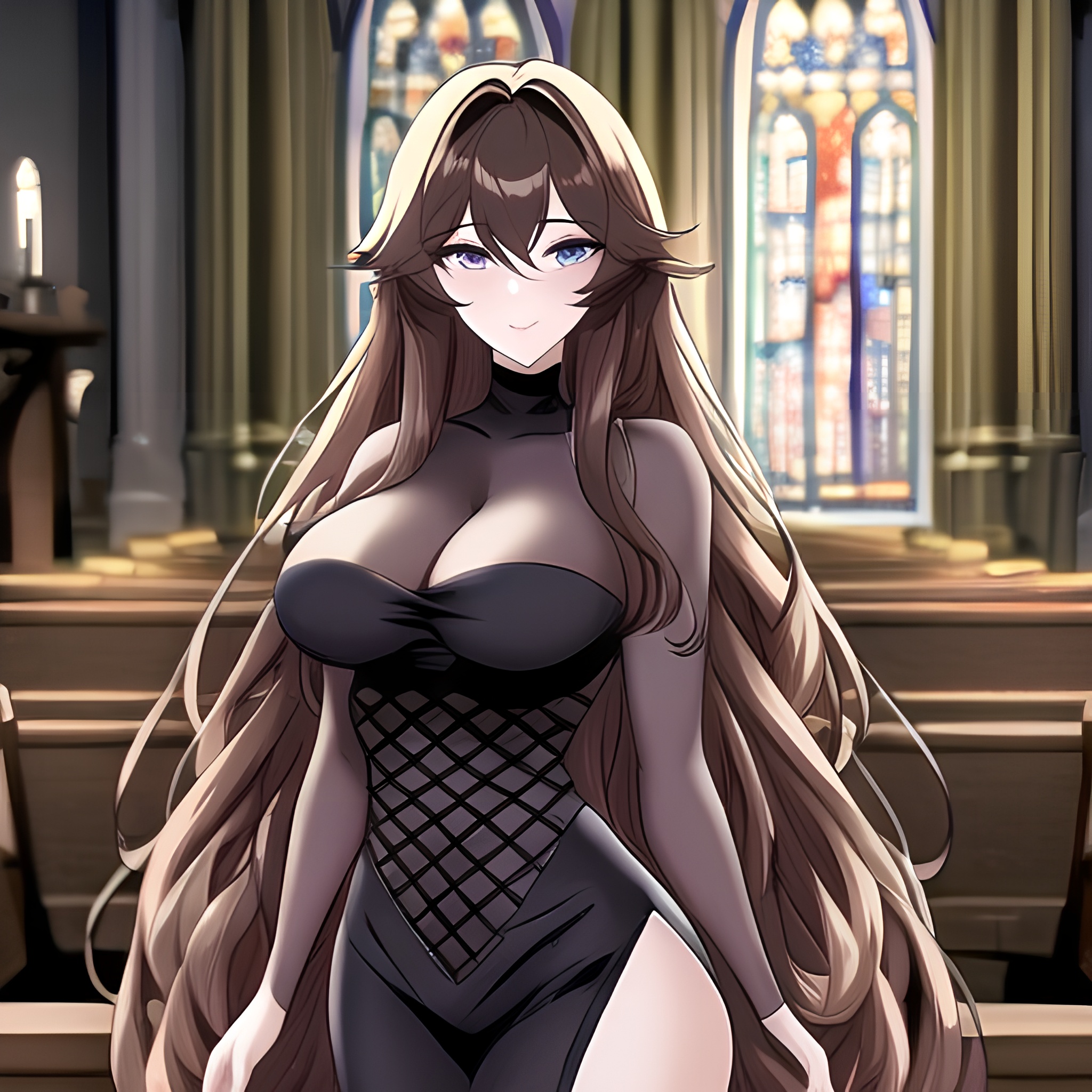 messy hair long hair fishnet church woman brunette 