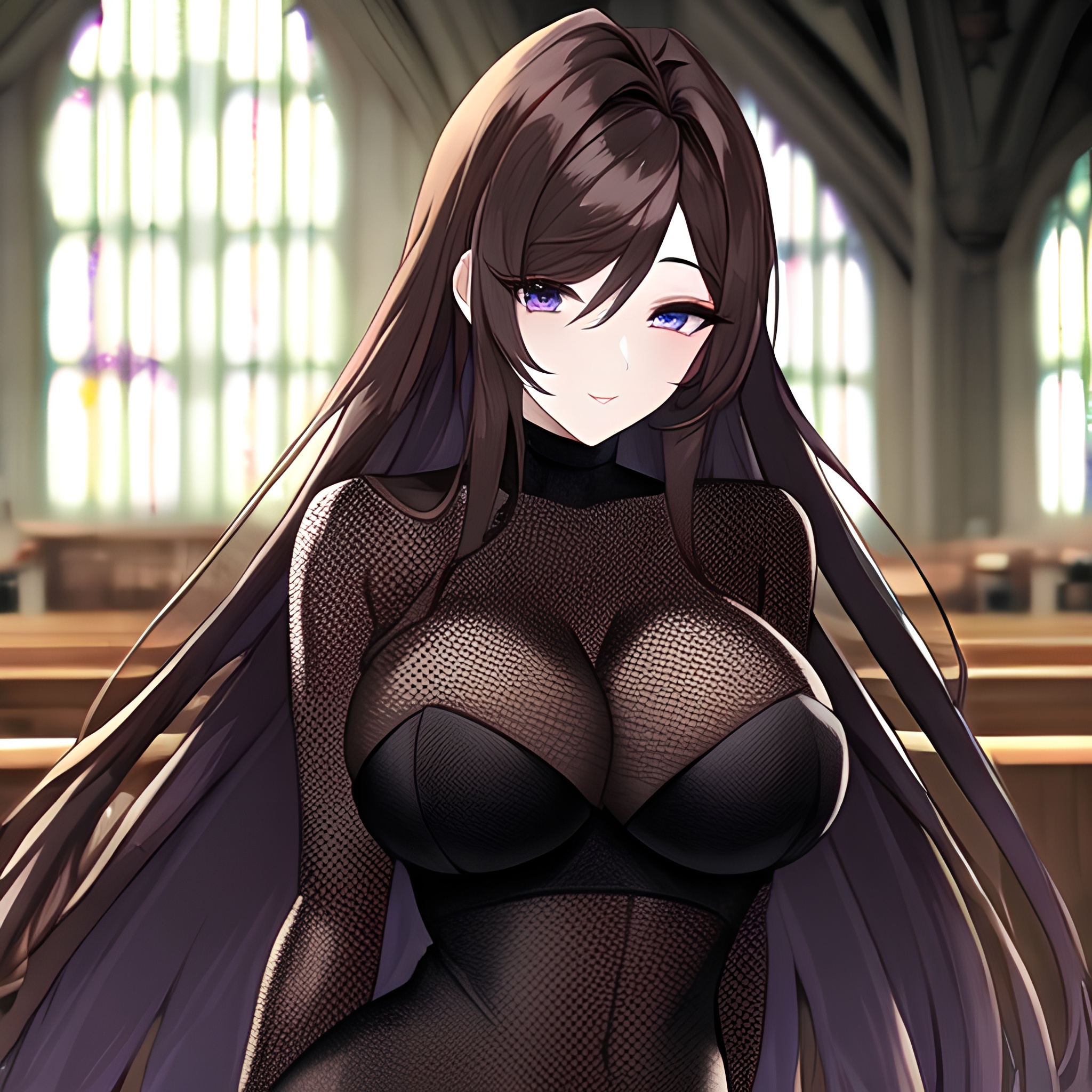 messy hair long hair fishnet woman brunette church