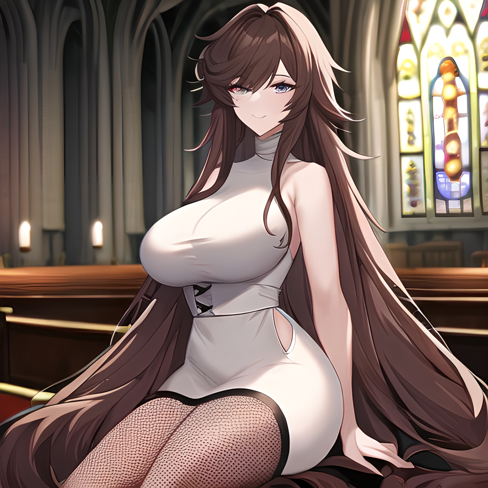 messy hair long hair fishnet woman church brunette 