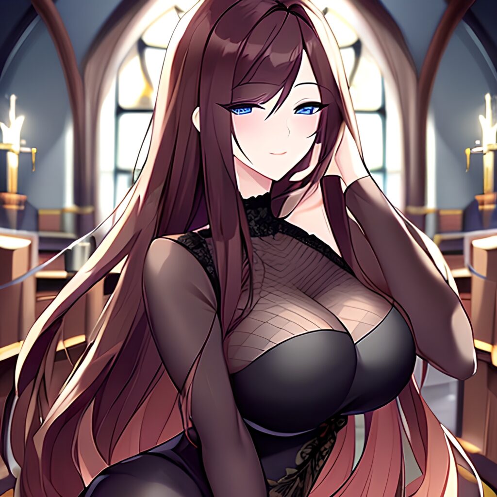 messy hair long hair fishnet woman church brunette 