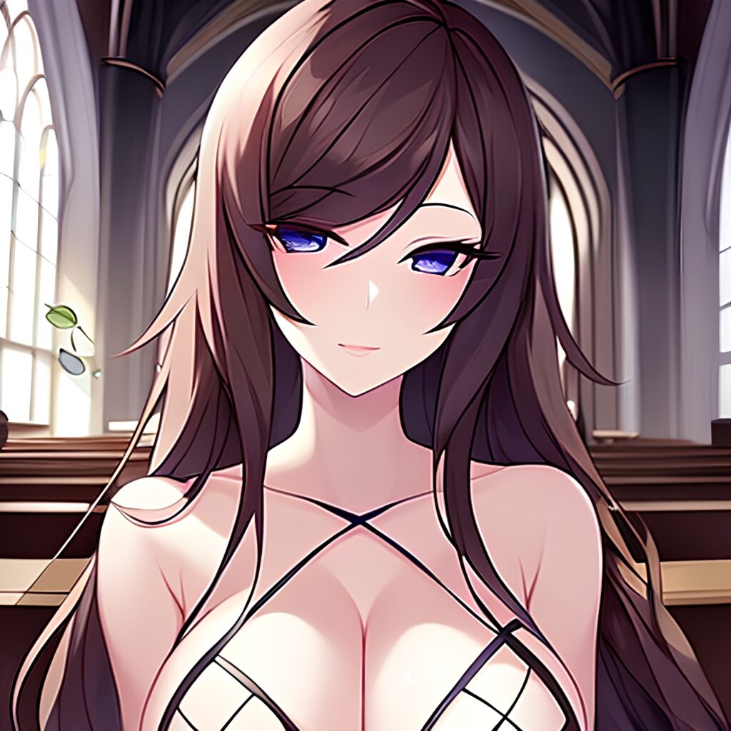 messy hair long hair woman brunette church fishnet 